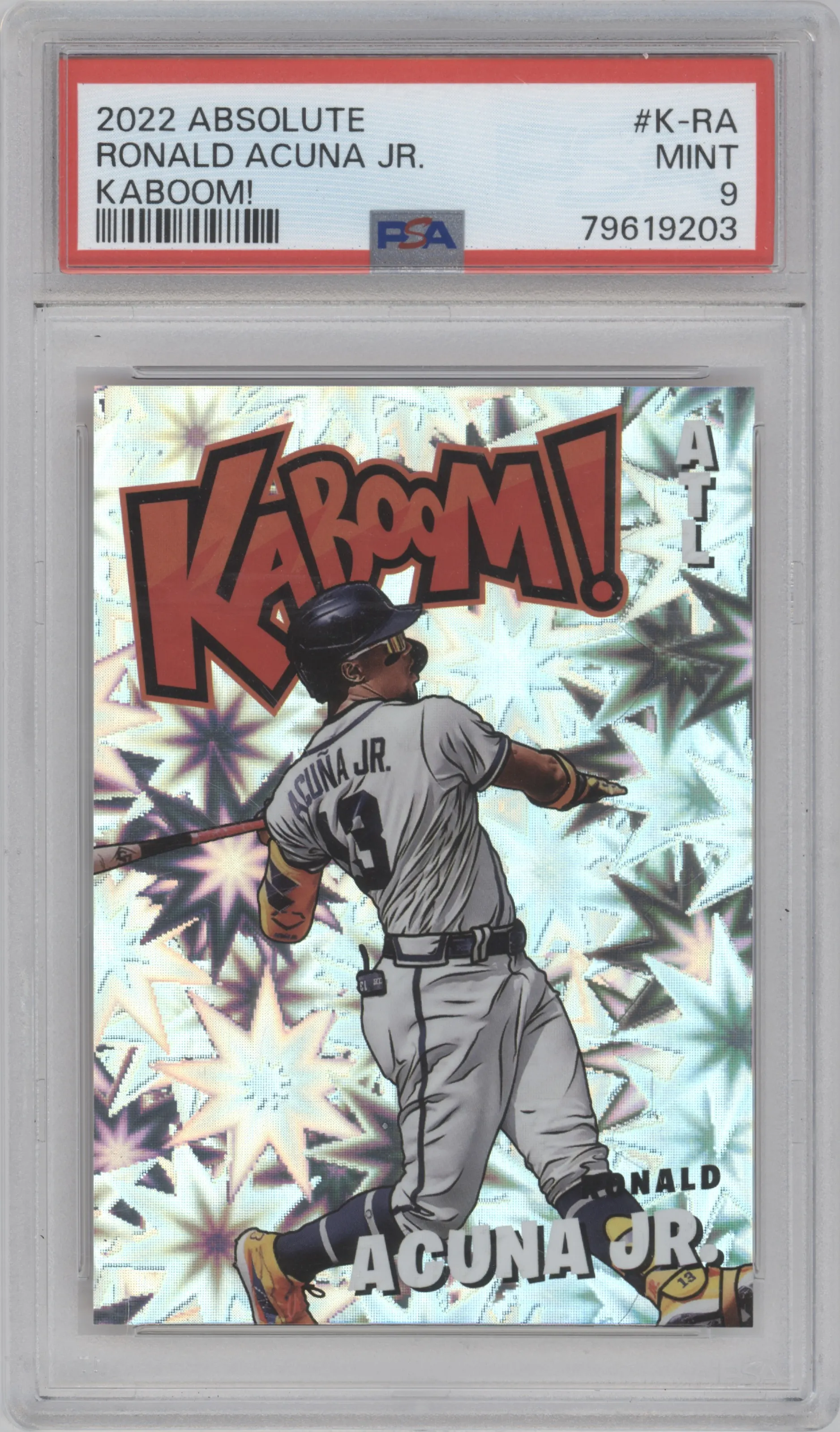 Ronald Acuna Jr. from the 2022 Panini Absolute set graded by PSA and given an overall grade of 9.