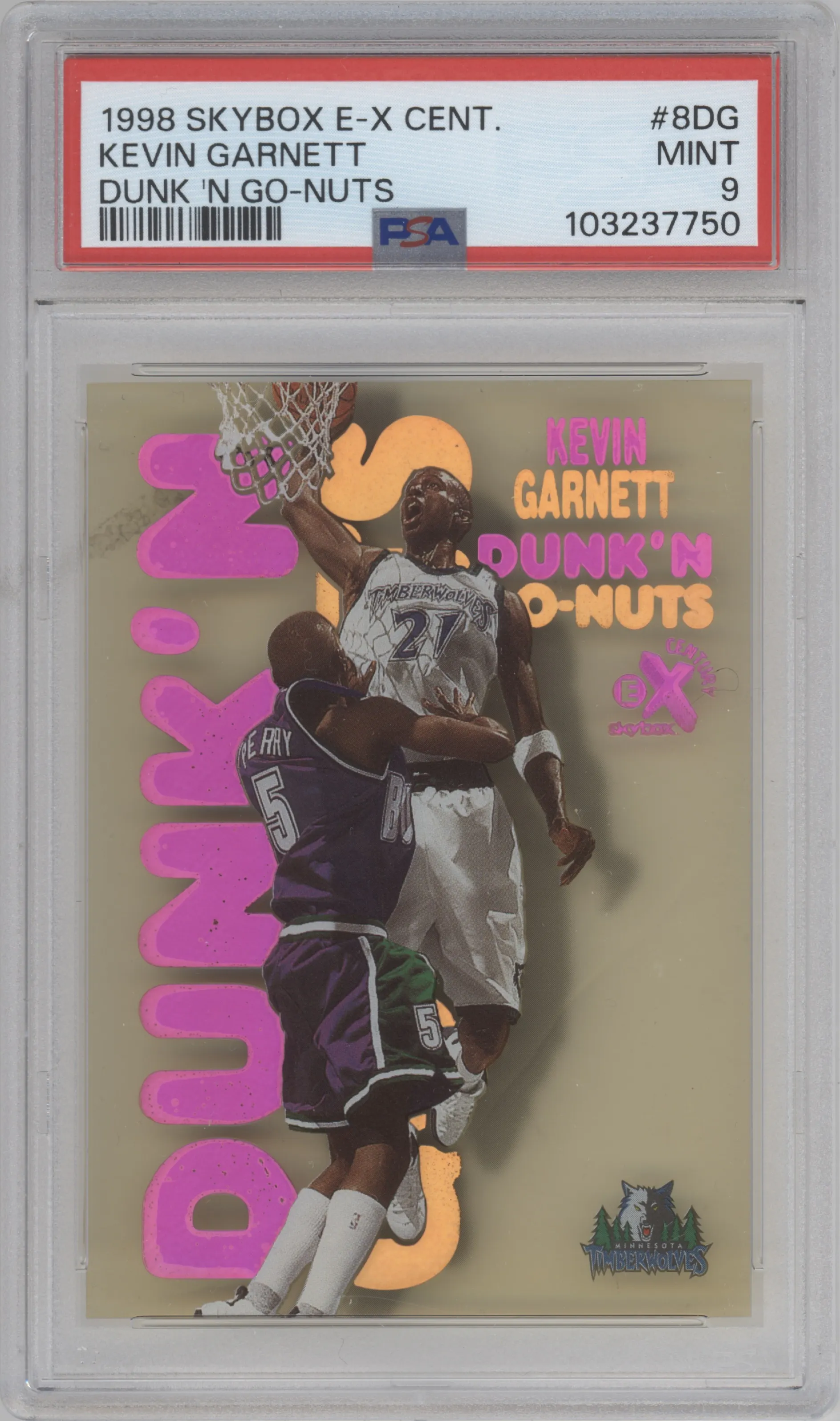 Kevin Garnett from the 1998-99 Skybox E-X Century set graded by PSA and given an overall grade of 9.