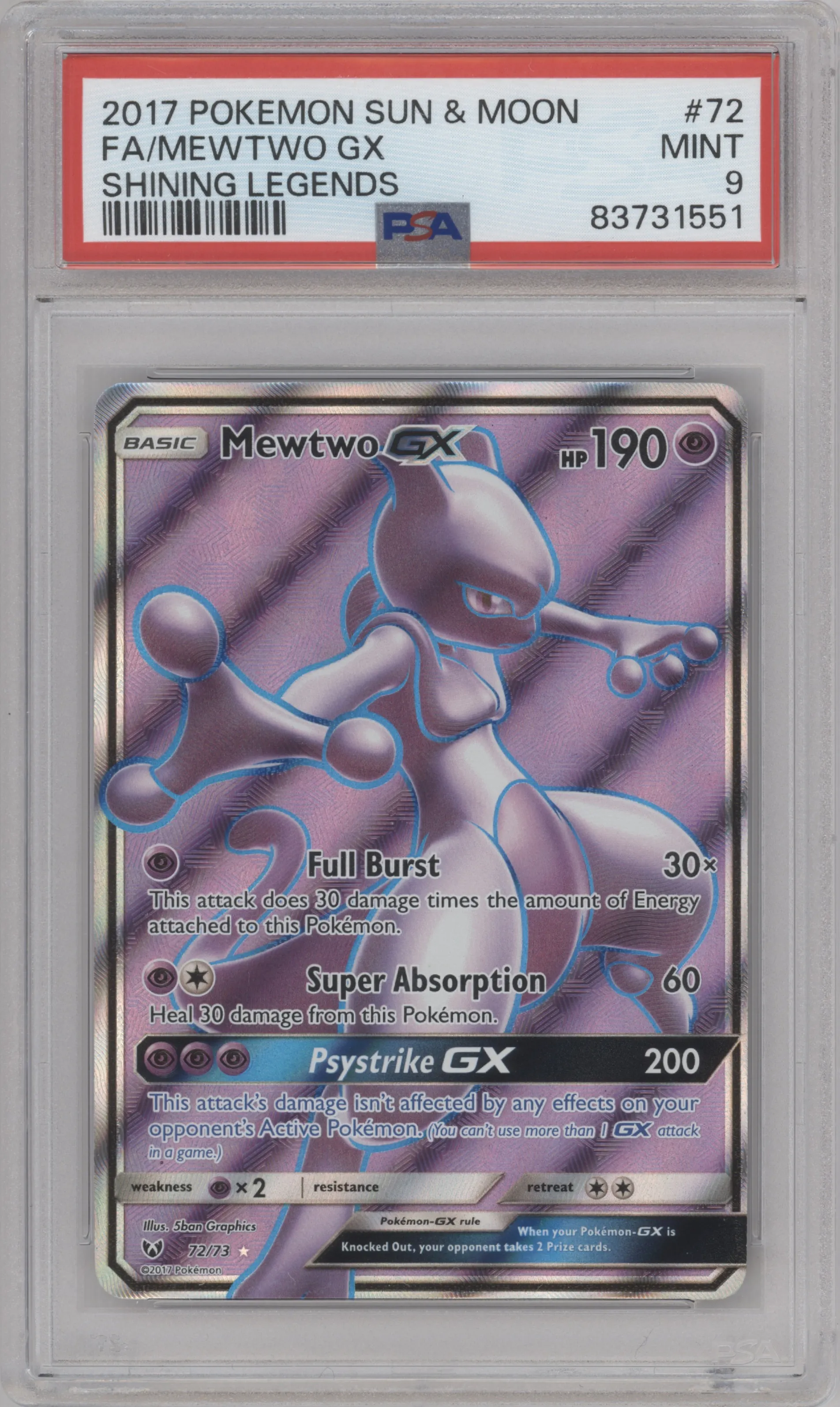 Mewtwo GX from the 2017 Pokemon S&M set graded by PSA and given an overall grade of 9.