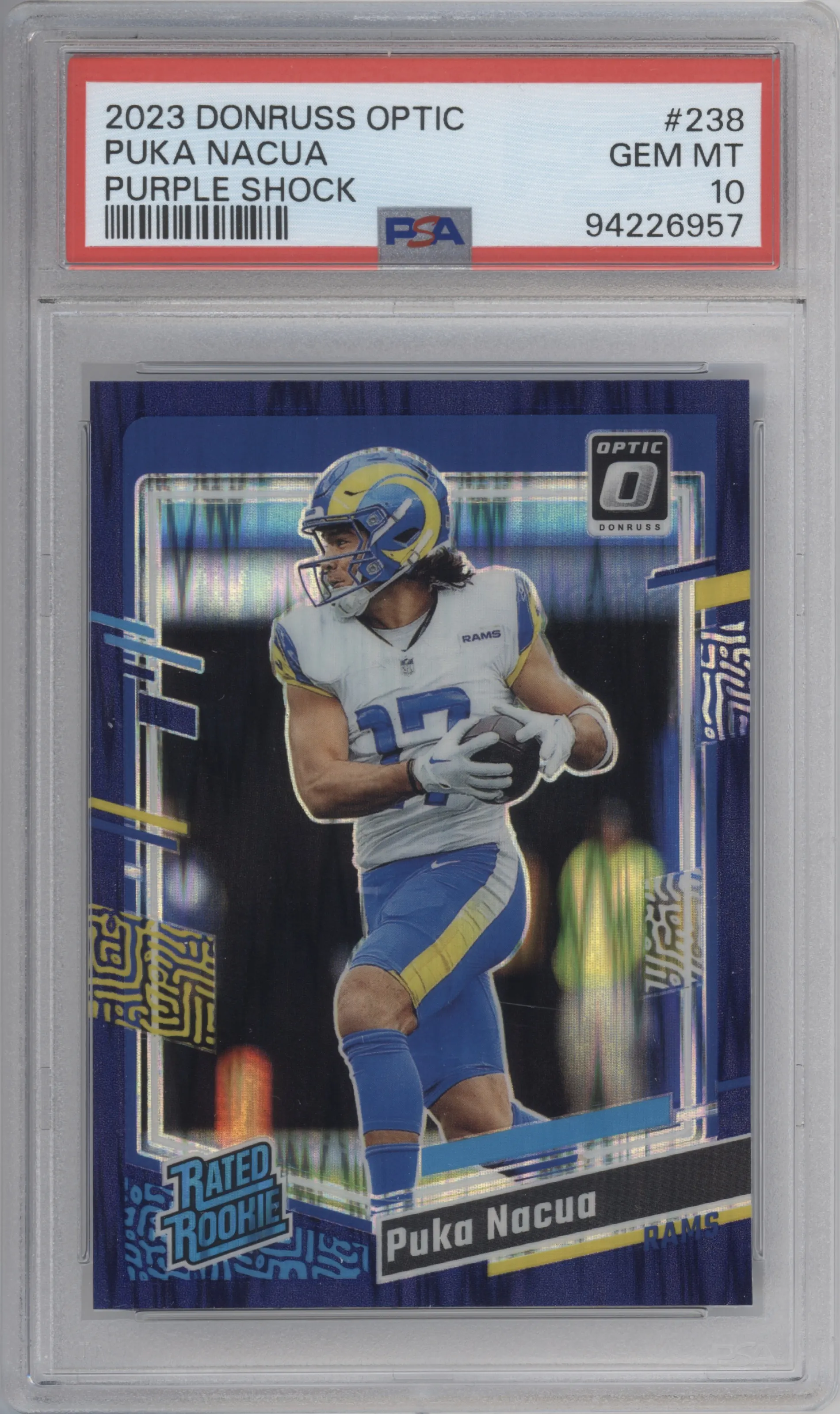 Puka Nacua from the 2023 Donruss Optic set featuring a  Purple Shock parallel graded by PSA and given an overall grade of 10.