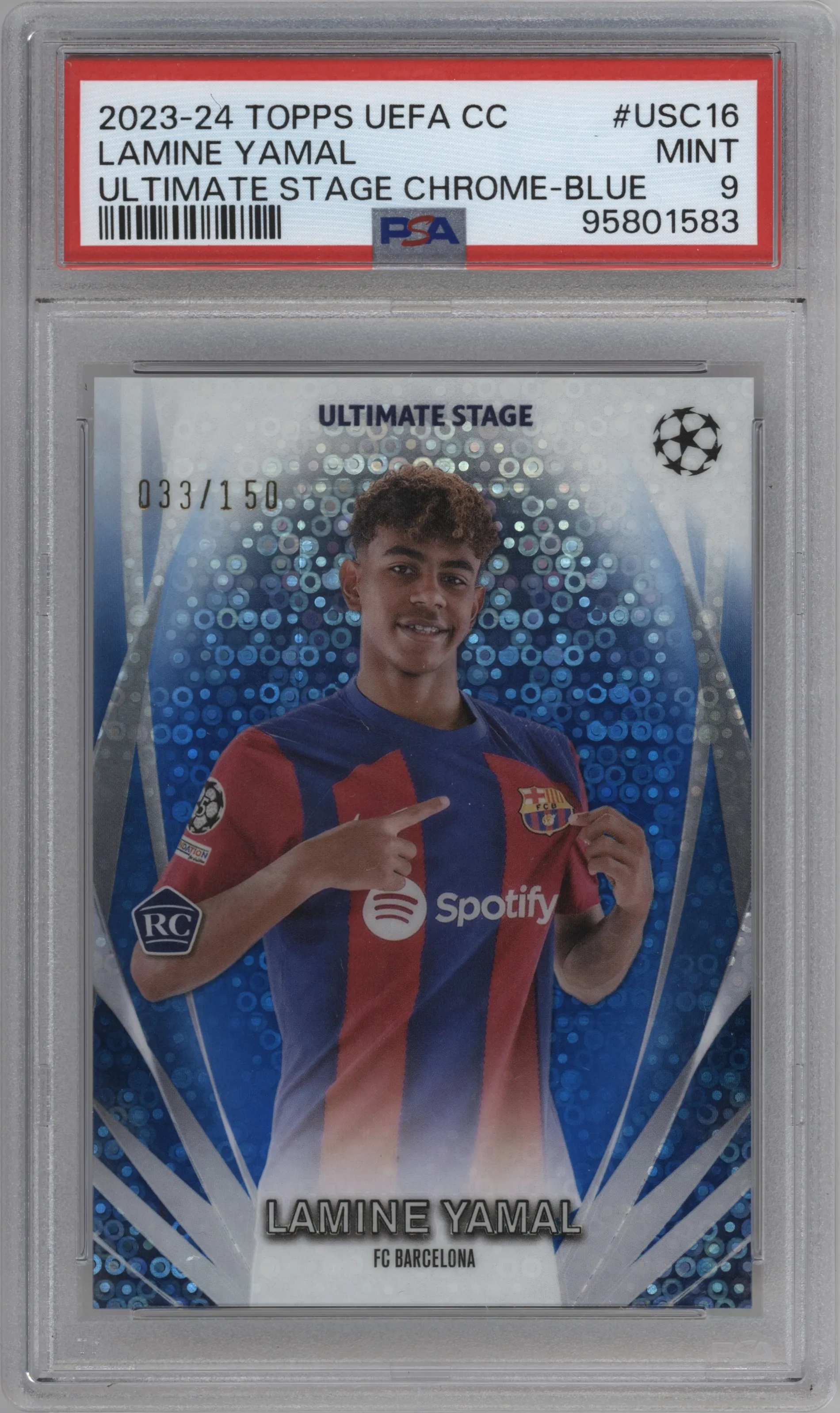 2023 Topps UEFA Club Competitions Ultimate Stage Chrome Lamine Yamal Blue Refractor PSA 9