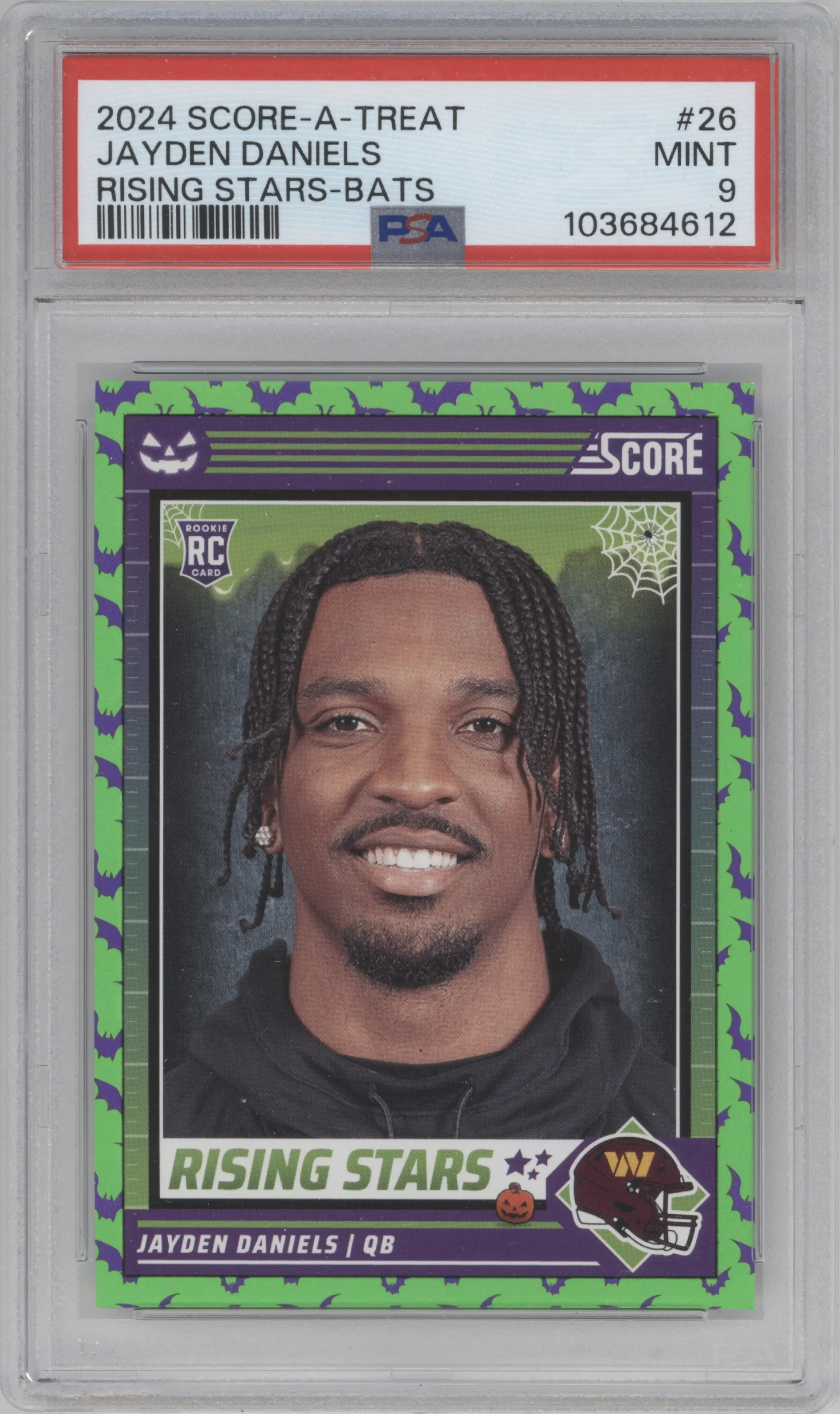 Jayden Daniels from the 2024 Score-a-Treat set featuring a Bats parallel graded by PSA and given an overall grade of 9.