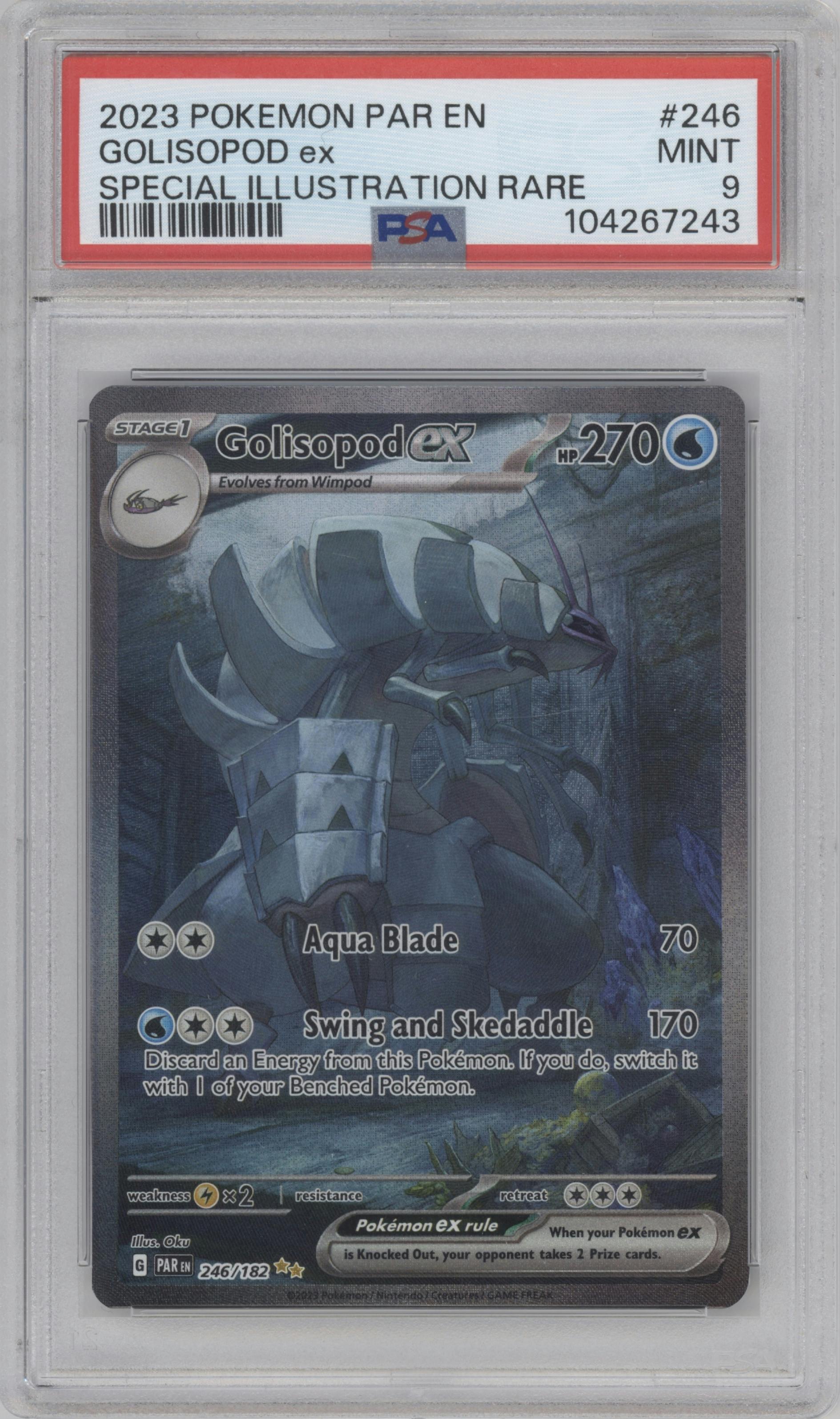 Golisopod ex from the 2023 Pokemon SV set graded by PSA and given an overall grade of 9.