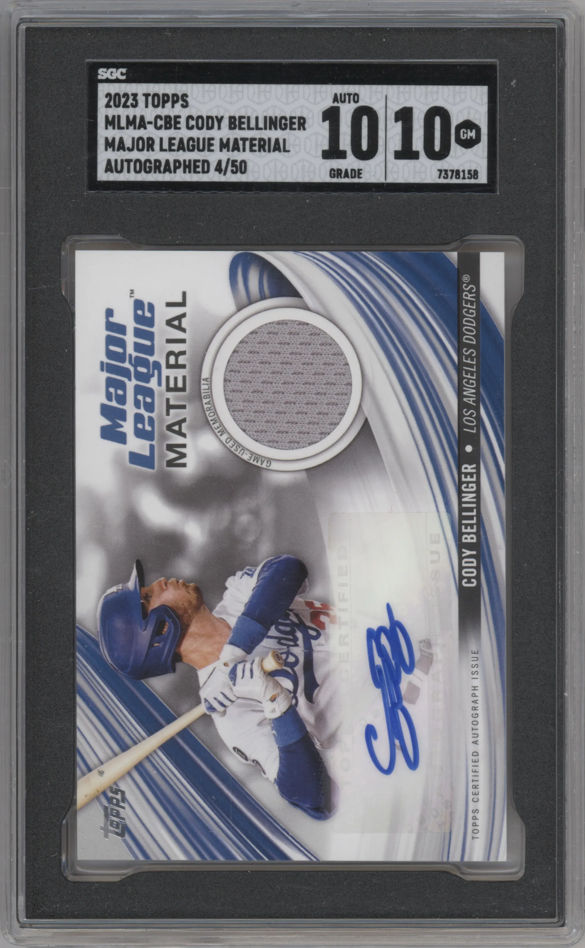 Cody Bellinger from the 2023 Topps Series 1 set graded by SGC and given an overall grade of 10.