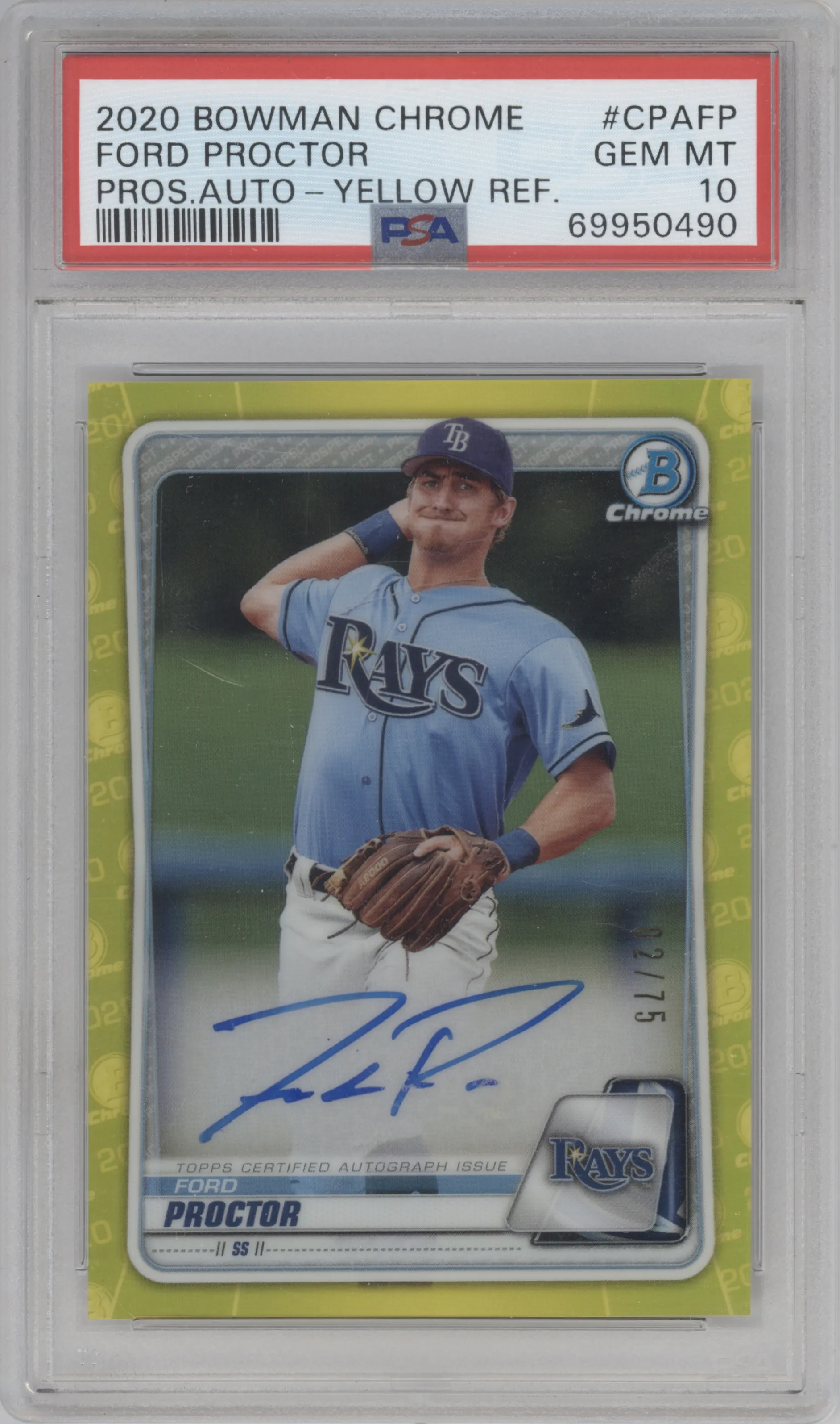 Ford Proctor from the 2020 Bowman Chrome Ultimate set featuring a Yellow Refractor  parallel graded by PSA and given an overall grade of 10.