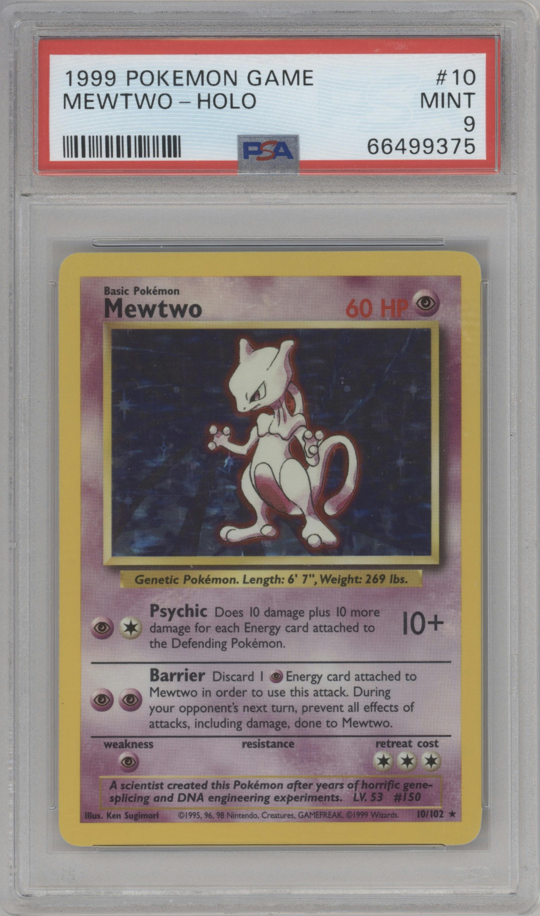 Mewtwo from the 1999 Pokemon set graded by PSA and given an overall grade of 9.