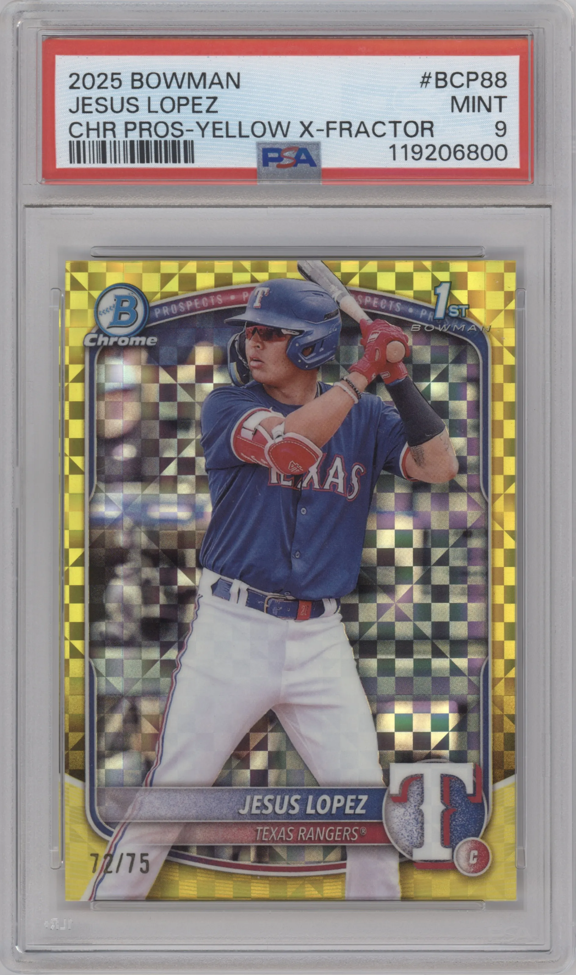 Jesus Lopez from the 2025 Bowman set featuring a Yellow Geometric Refractor parallel graded by PSA and given an overall grade of 9.