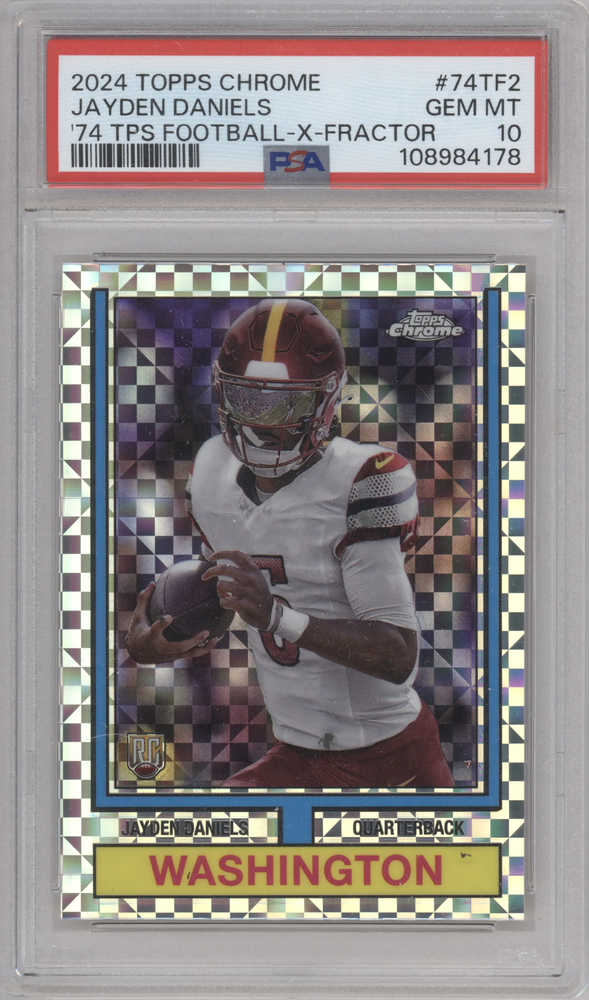 Jayden Daniels from the 2024 Topps Chrome set featuring a X-Fractor parallel graded by PSA and given an overall grade of 10.
