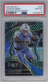 Jahmyr Gibbs from the 2023 Panini Select set featuring a Dragon Scale parallel graded by PSA and given an overall grade of 10.