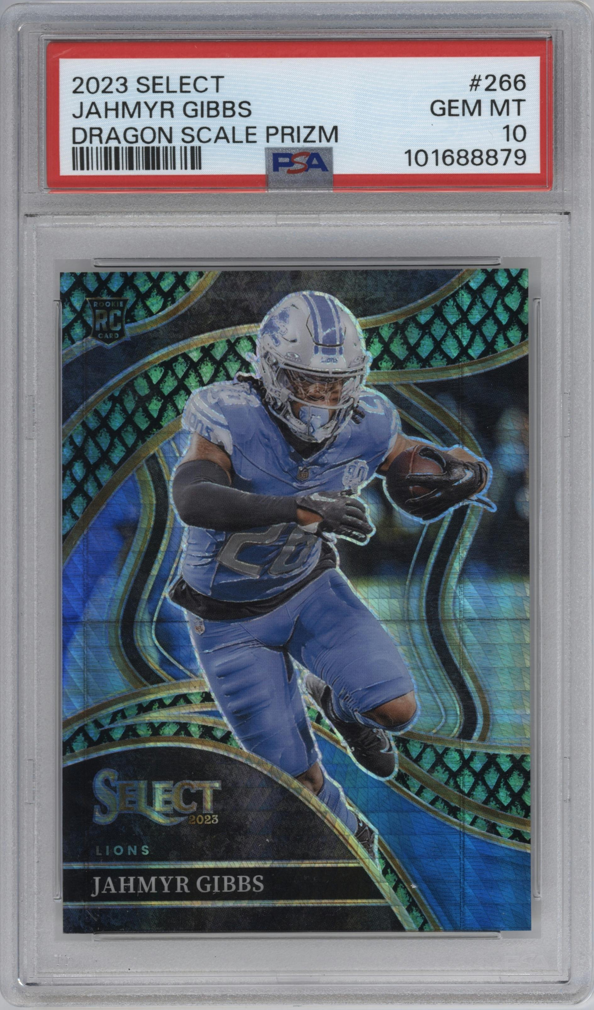 Jahmyr Gibbs from the 2023 Panini Select set featuring a Dragon Scale parallel graded by PSA and given an overall grade of 10.