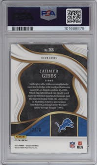 Jahmyr Gibbs from the 2023 Panini Select set featuring a Dragon Scale parallel graded by PSA and given an overall grade of 10.