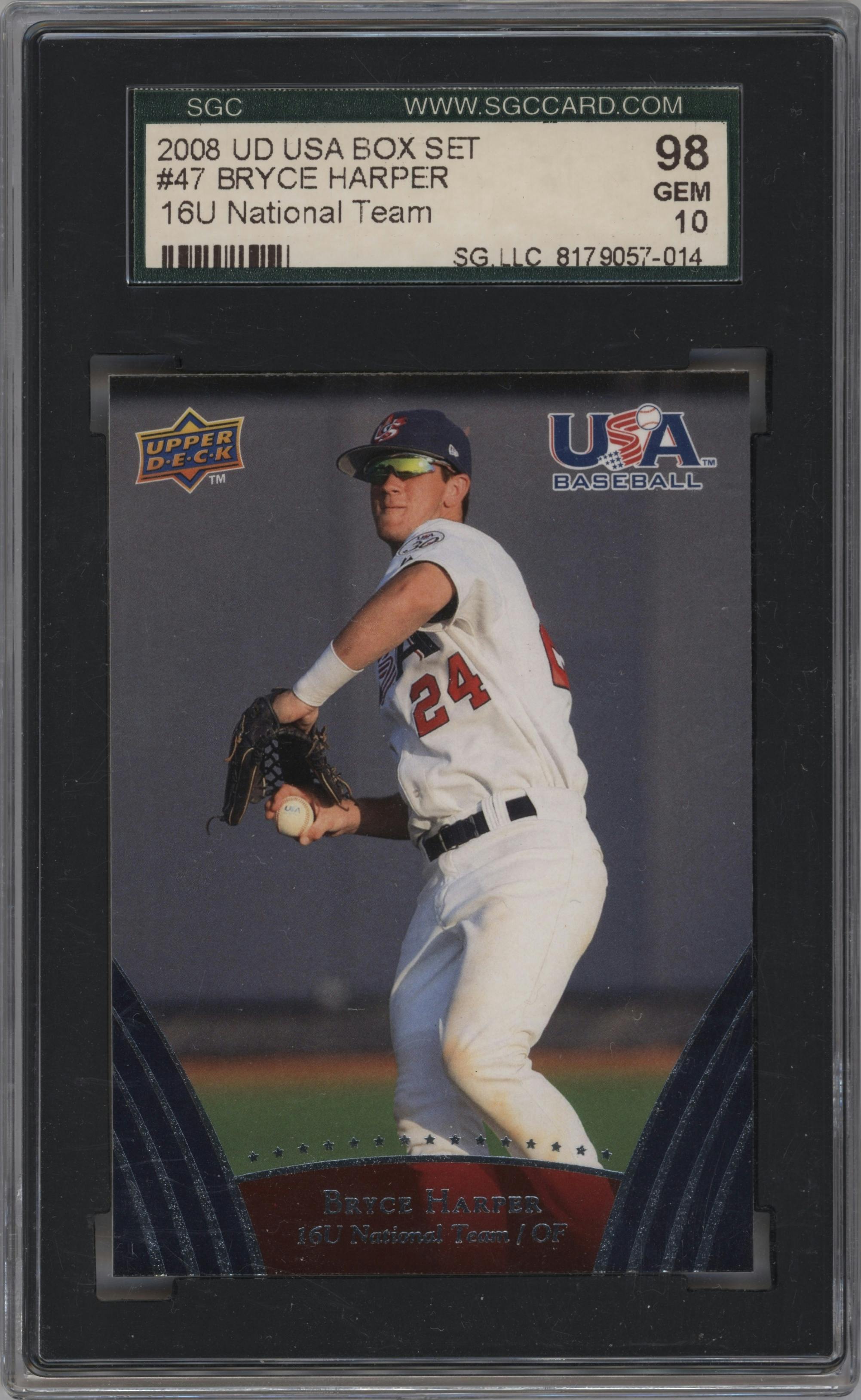 Bryce Harper from the 2008 Upper Deck USA Baseball set graded by SGC and given an overall grade of 10.