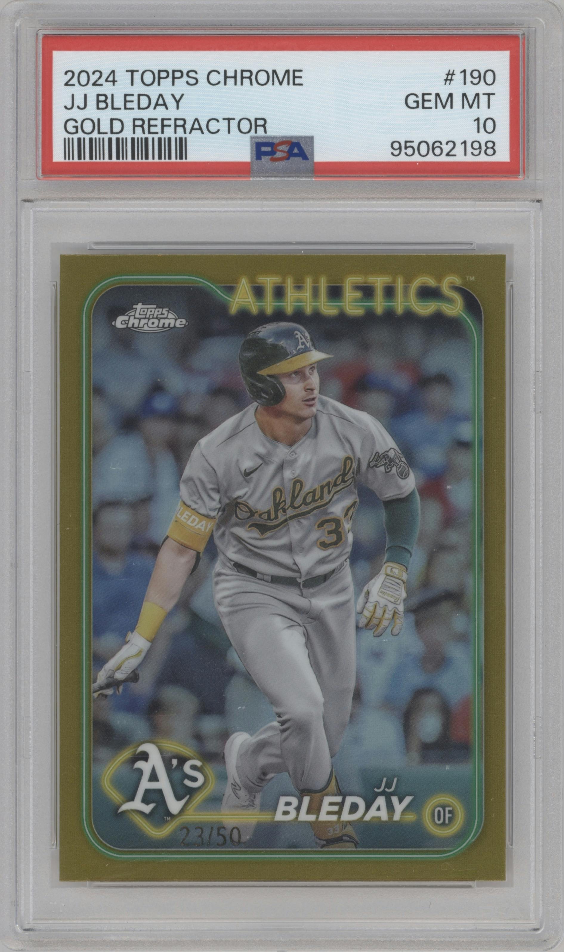 JJ Bleday from the 2024 Topps Chrome set featuring a Gold Refractor parallel graded by PSA and given an overall grade of 10.