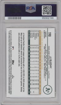 JJ Bleday from the 2024 Topps Chrome set featuring a Gold Refractor parallel graded by PSA and given an overall grade of 10.