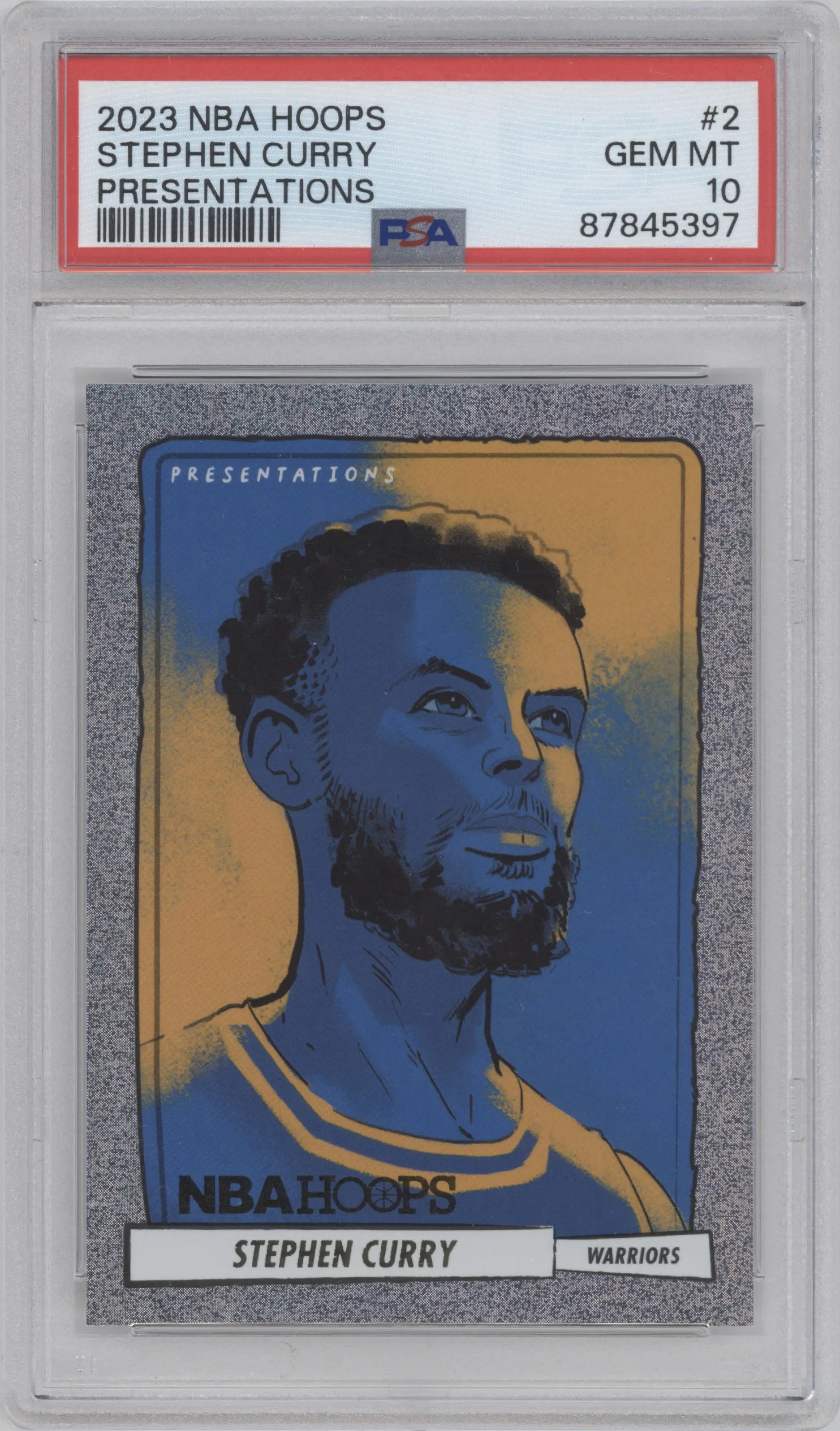 Stephen Curry from the 2023-24 Panini NBA Hoops set graded by PSA and given an overall grade of 10.