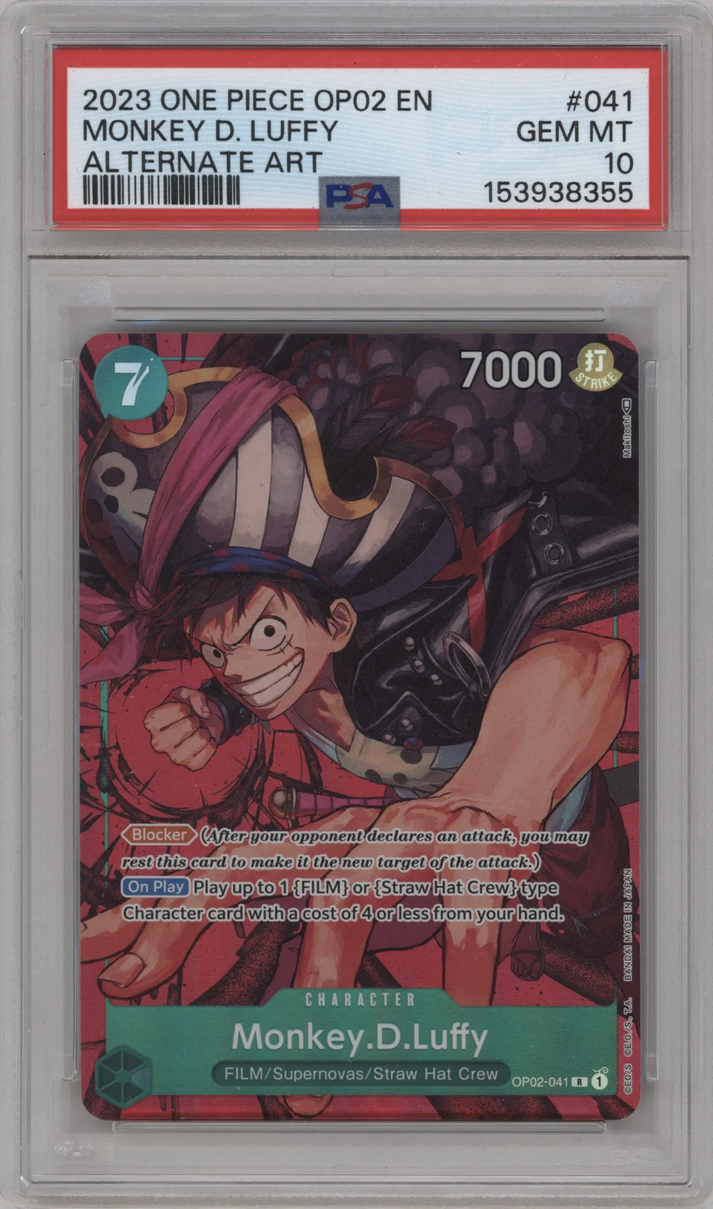 2023 One Piece Paramount War Monkey.D.Luffy Alternate Art R #OP02-041 R PSA 10