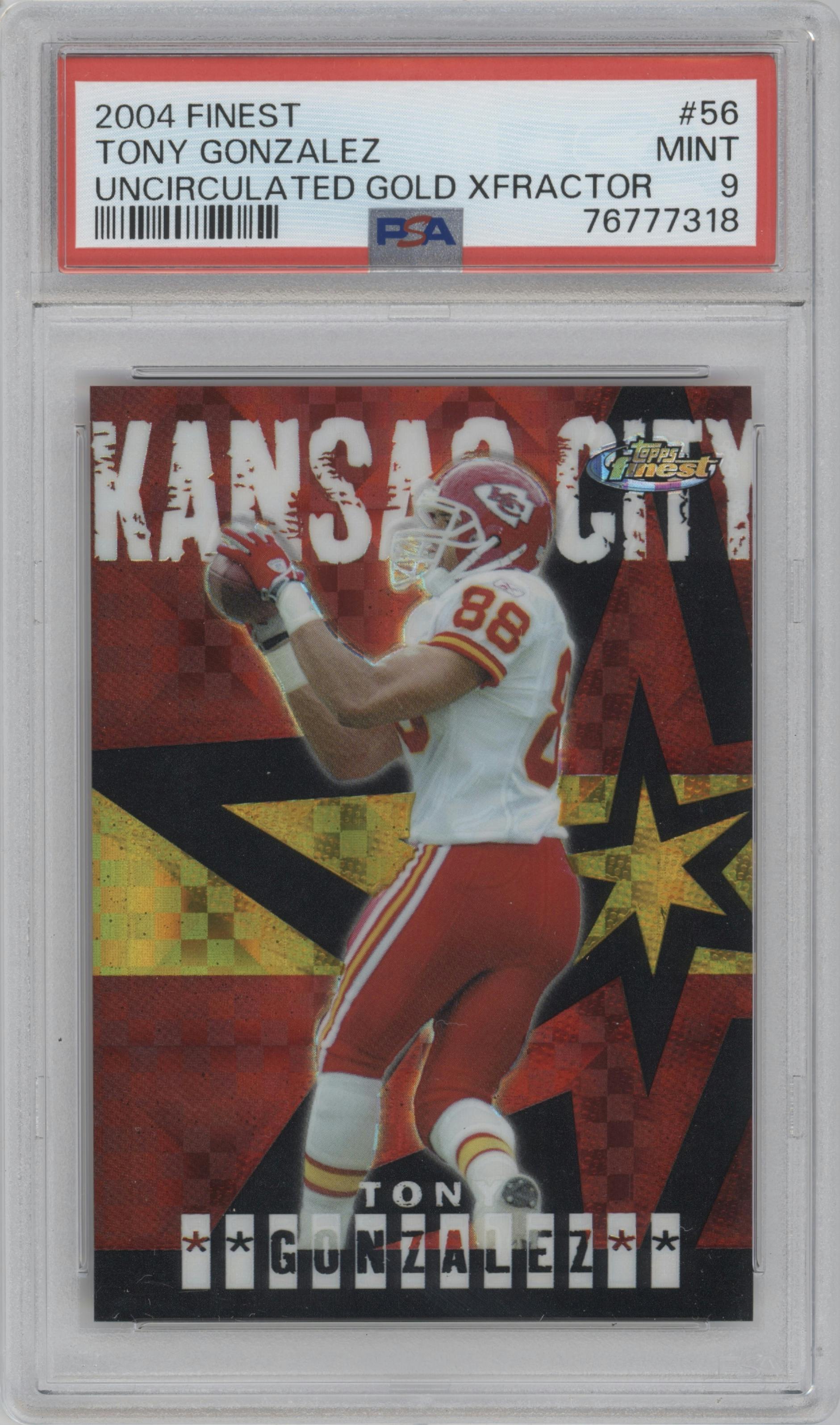 Tony Gonzalez  from the 2004 Topps Finest set featuring a Uncirculated Gold Xfractor parallel graded by PSA and given an overall grade of 9.