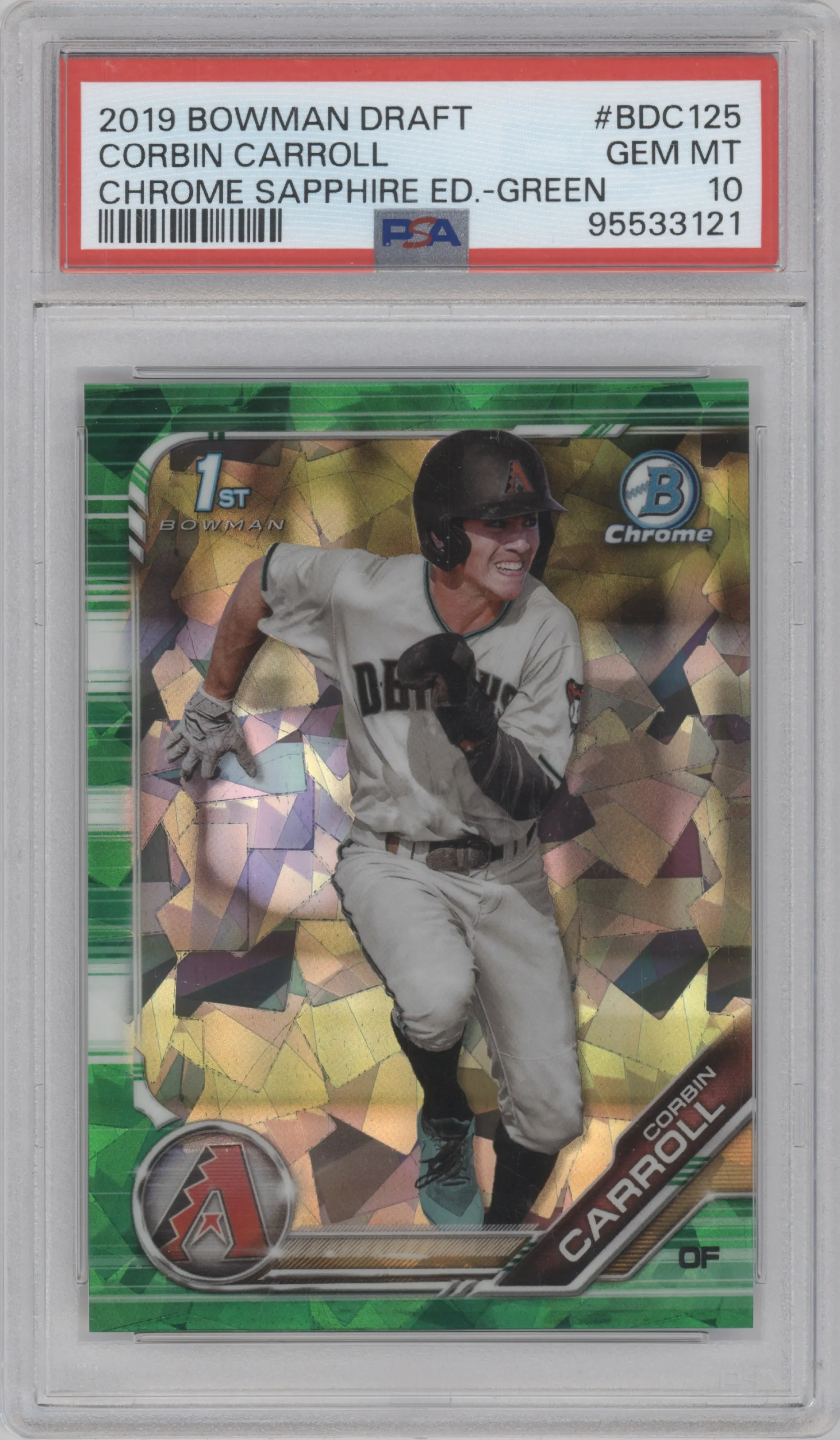 Corbin Carroll from the 2019 Bowman Draft Sapphire Edition set featuring a Green parallel graded by PSA and given an overall grade of 10.
