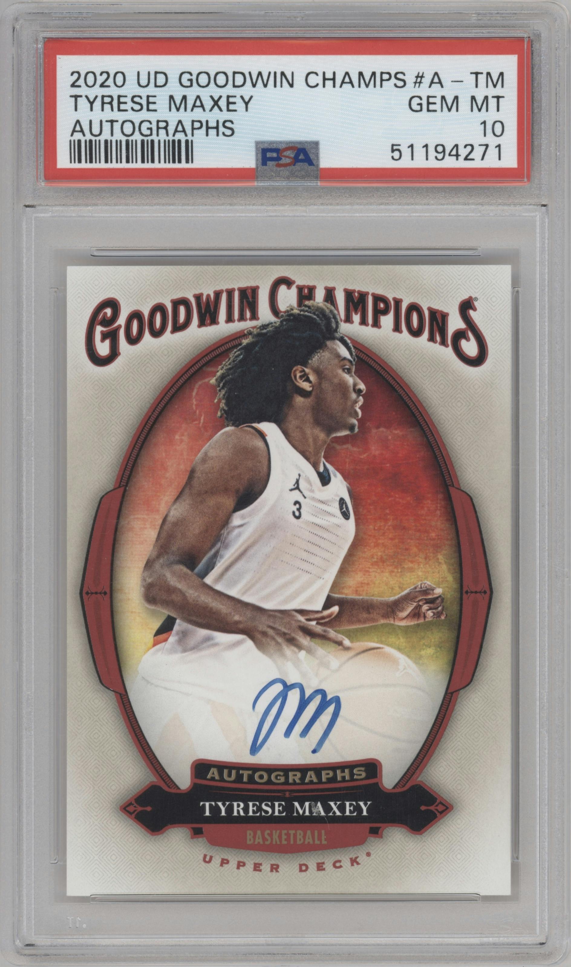 Tyrese Maxey from the 2020 Upper Deck Goodwin Champions set graded by PSA and given an overall grade of 10.