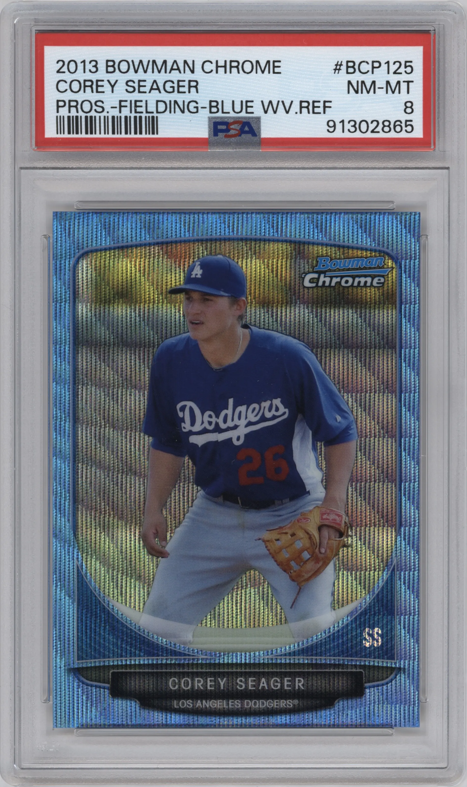  Corey Seager from the 2013 Bowman Chrome set featuring a Blue Wave Refractor parallel graded by PSA and given an overall grade of 8.