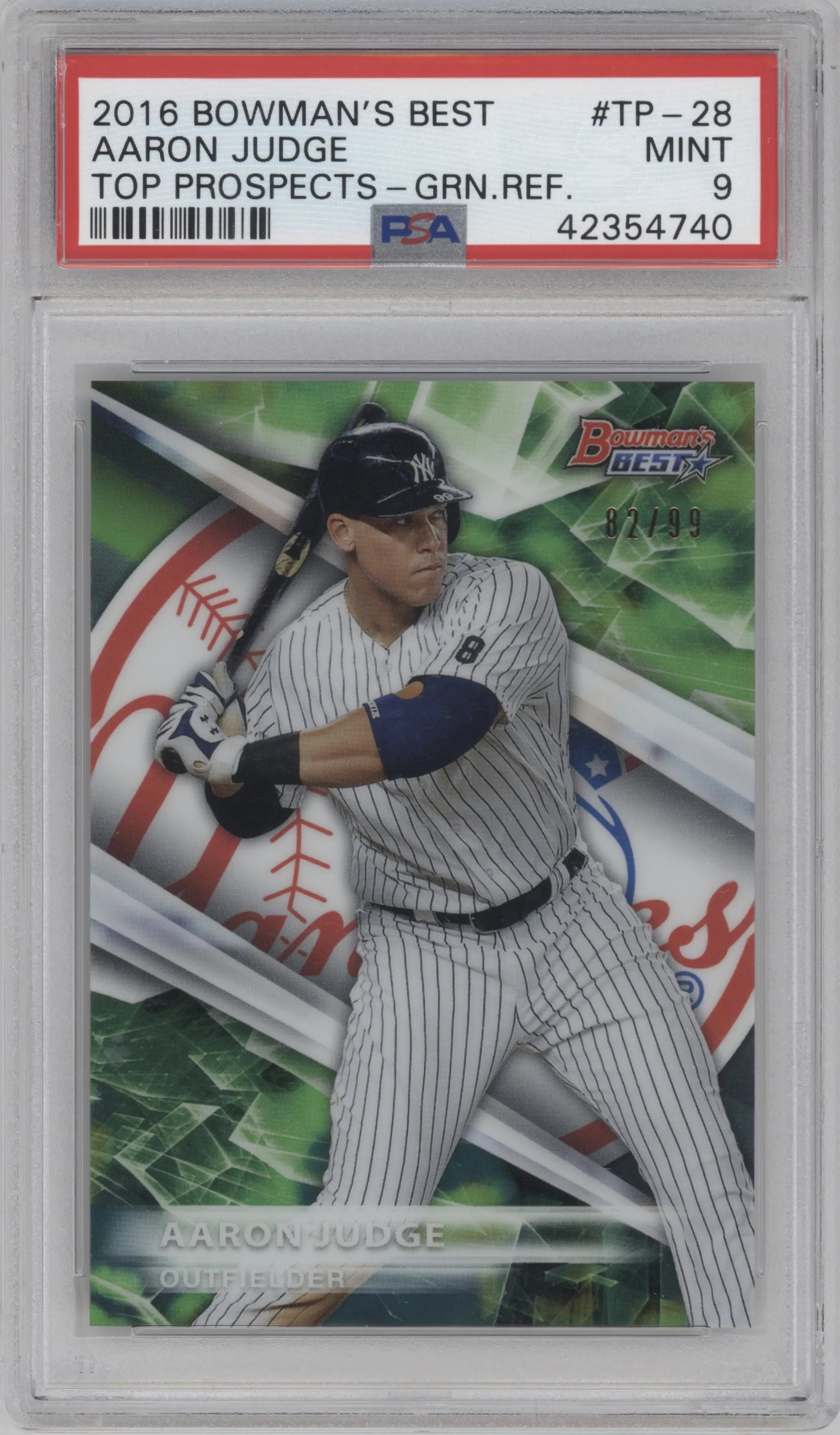 Aaron Judge from the 2016 Bowman’s Best set featuring a Green Refractor parallel graded by PSA and given an overall grade of 9.