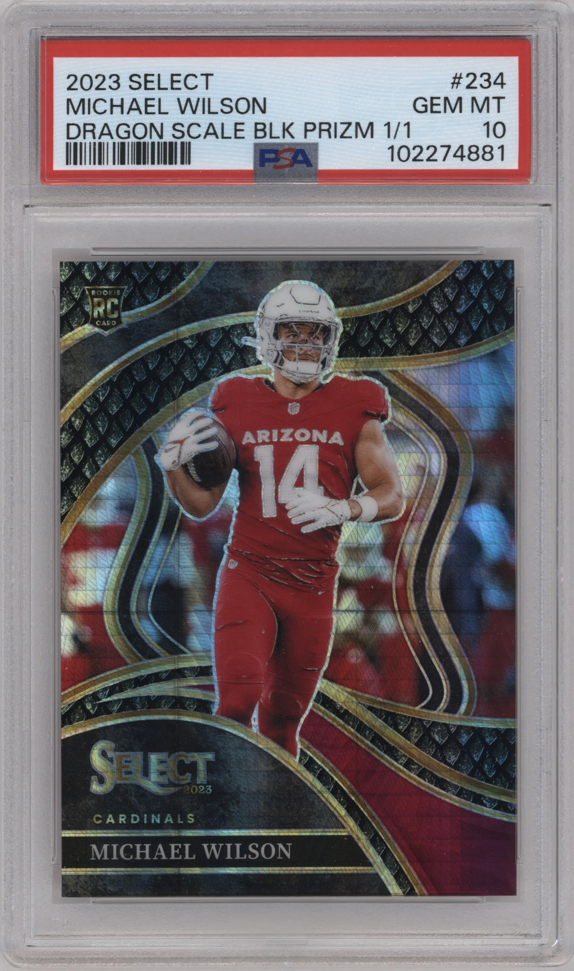Michael Wilson from the 2023 Panini Select set featuring a Black Dragon Scale parallel graded by PSA and given an overall grade of 10.