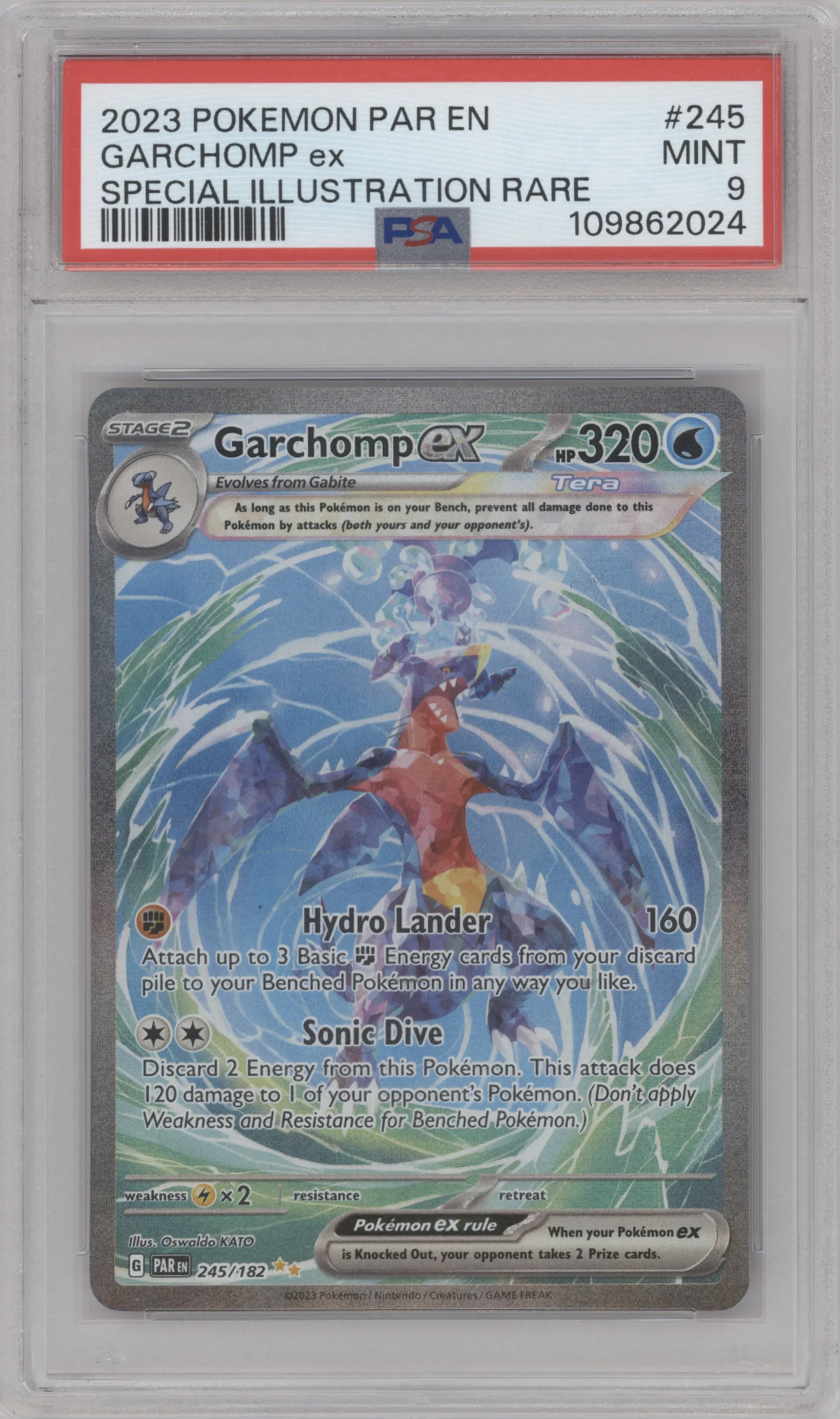 Garchomp ex from the 2023 Pokemon SV set graded by PSA and given an overall grade of 9.
