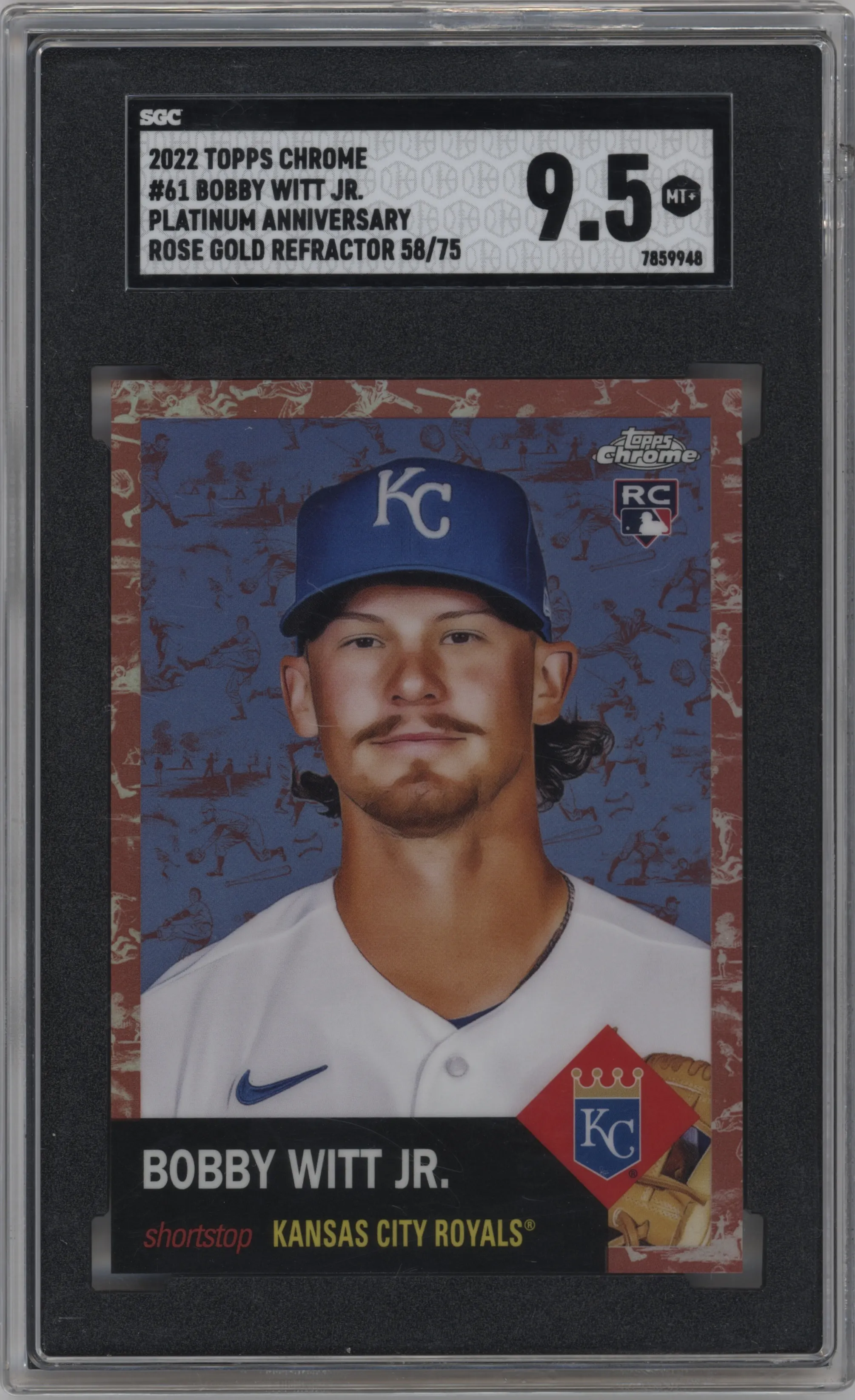 Bobby Witt Jr.  from the 2022 Topps Chrome Platinum Anniversary set featuring a Platinum Toile Cream/Rose Gold Refractor parallel graded by SGC and given an overall grade of 9.5.