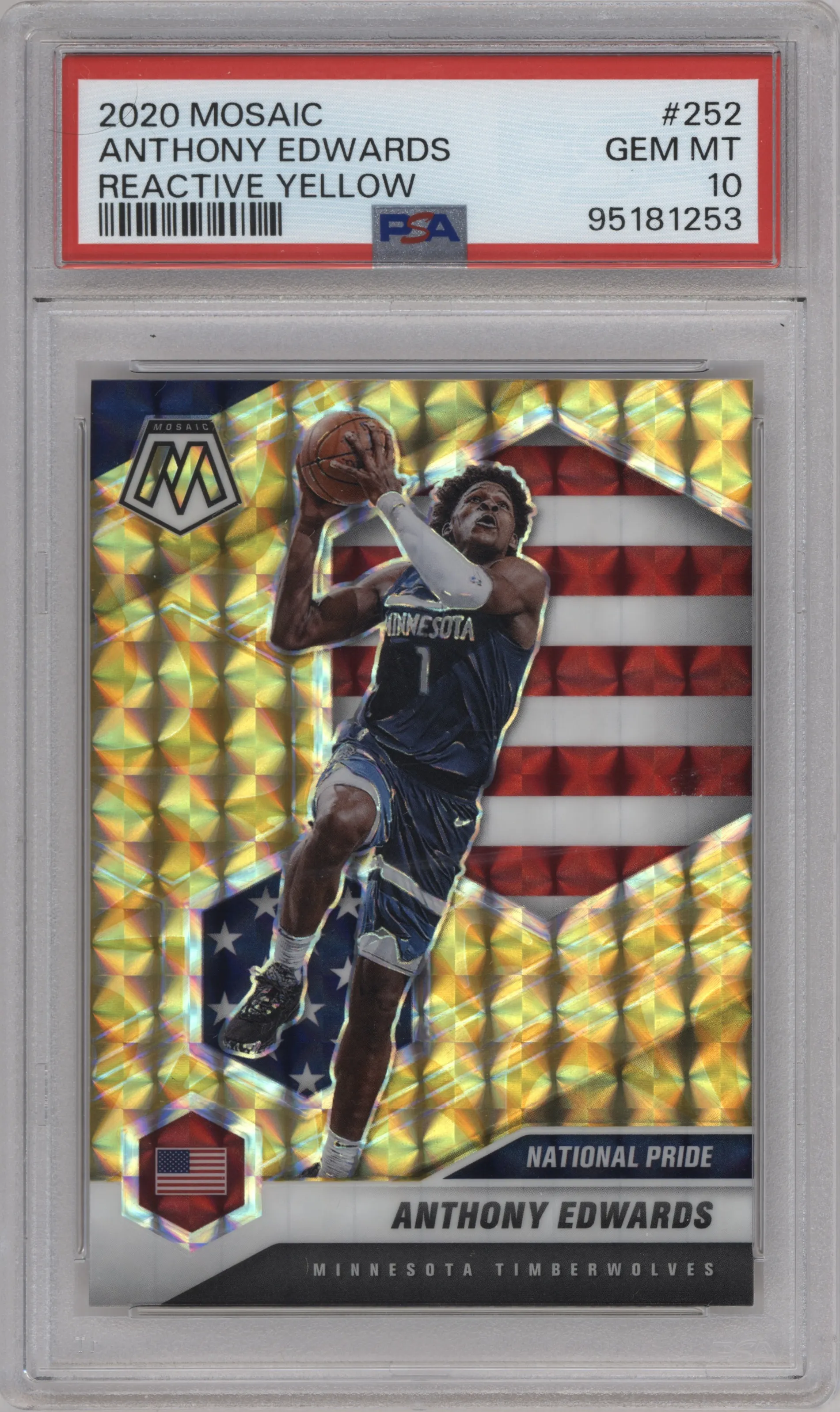 Anthony Edwards from the 2020-21 Panini Mosaic set featuring a Reactive Yellow parallel graded by PSA and given an overall grade of 10.