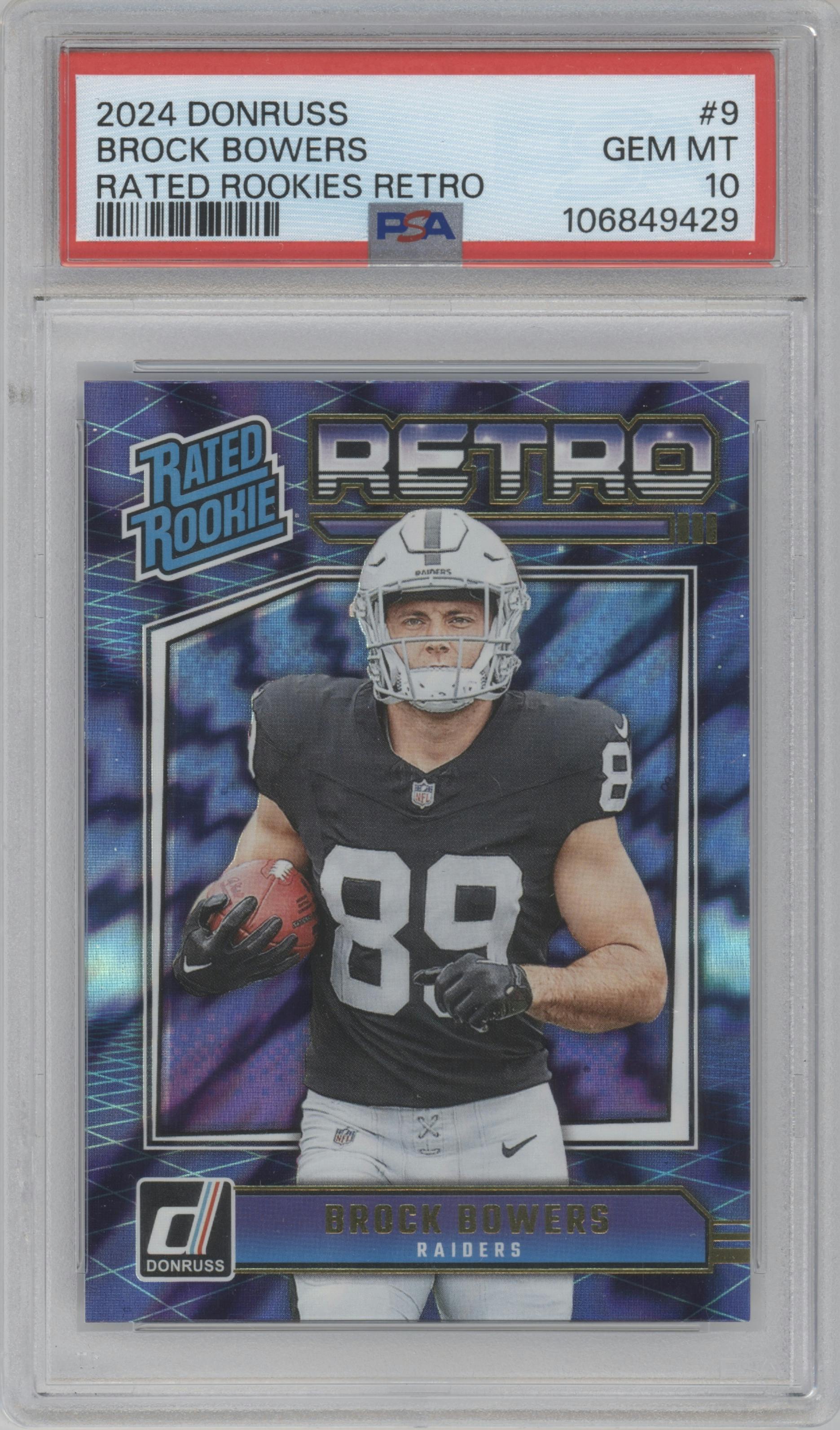 Brock Bowers from the 2024 Donruss set graded by PSA and given an overall grade of 10.