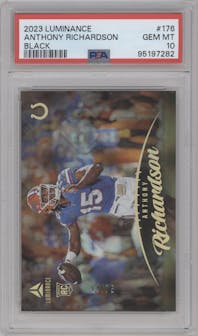 Anthony Richardson  from the 2023 Panini Luminance set featuring a Black parallel graded by PSA and given an overall grade of 10.