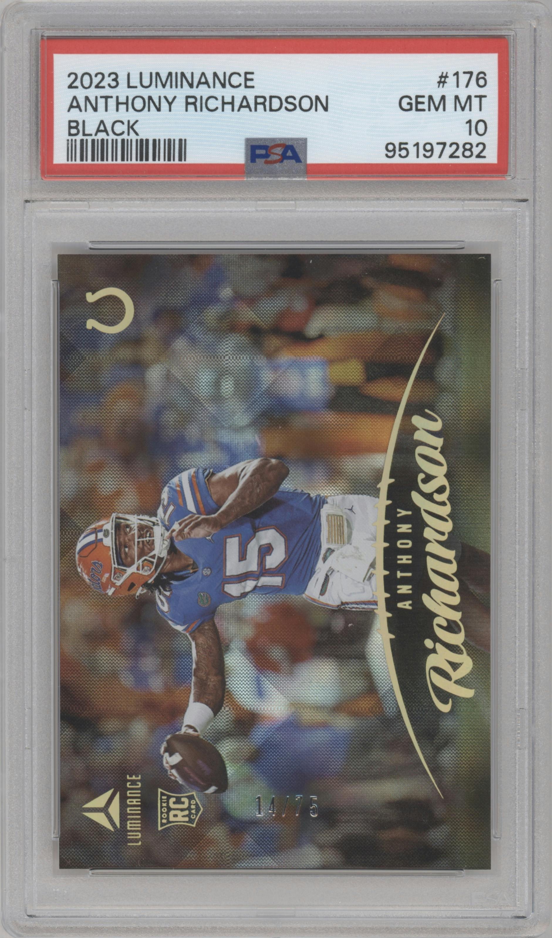 Anthony Richardson  from the 2023 Panini Luminance set featuring a Black parallel graded by PSA and given an overall grade of 10.