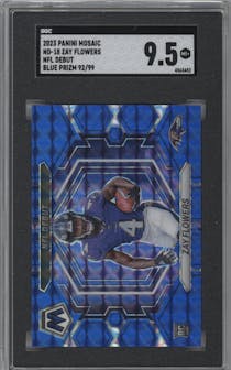 Zay Flowers from the 2023 Panini Mosaic set featuring a Blue Mosaic parallel graded by SGC and given an overall grade of 9.5.
