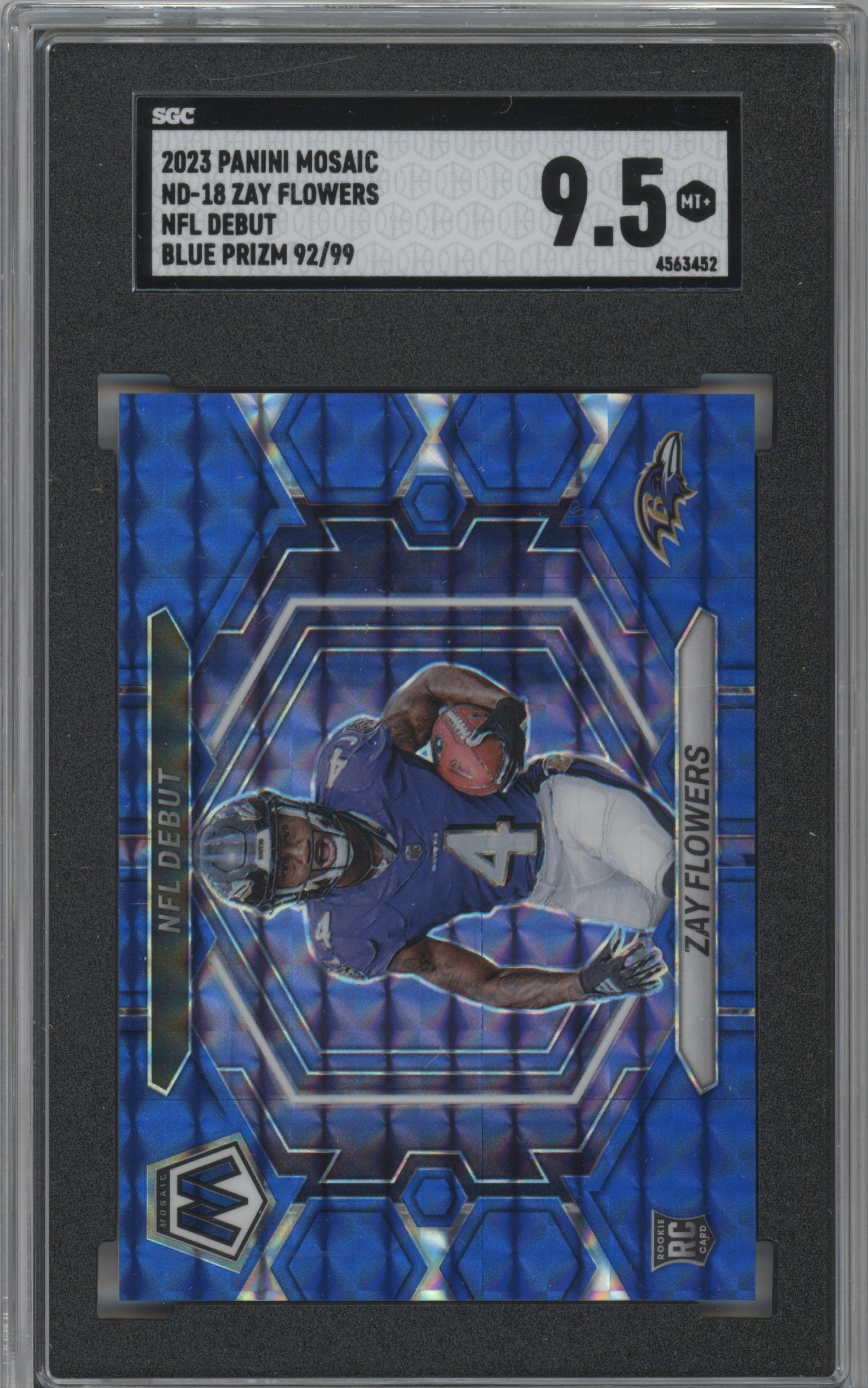 Zay Flowers from the 2023 Panini Mosaic set featuring a Blue Mosaic parallel graded by SGC and given an overall grade of 9.5.