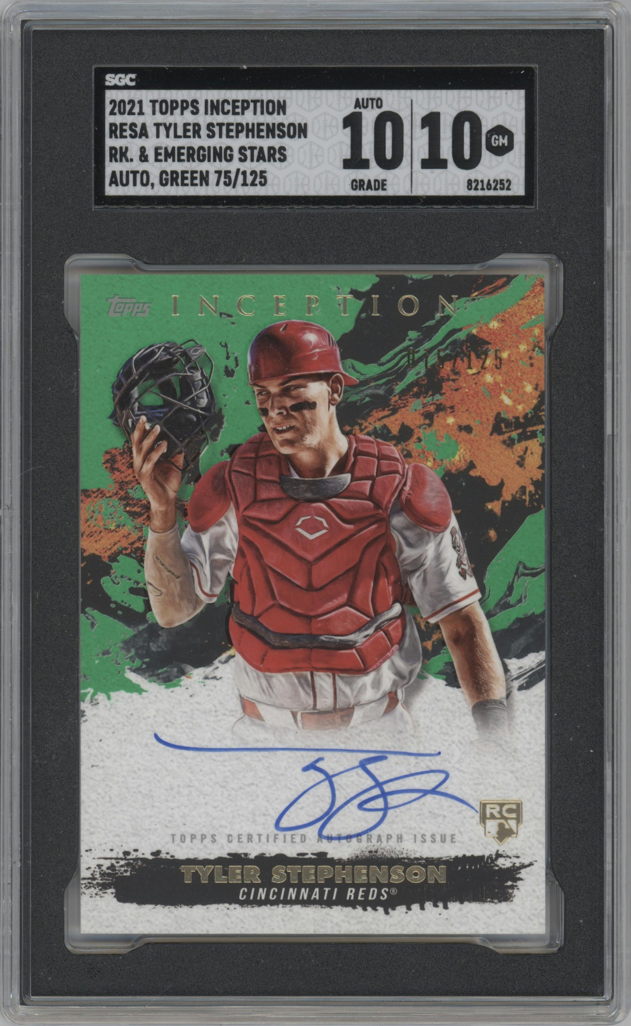 Tyler Stephenson from the 2021 Topps Inception set featuring a Green parallel graded by SGC and given an overall grade of 10.