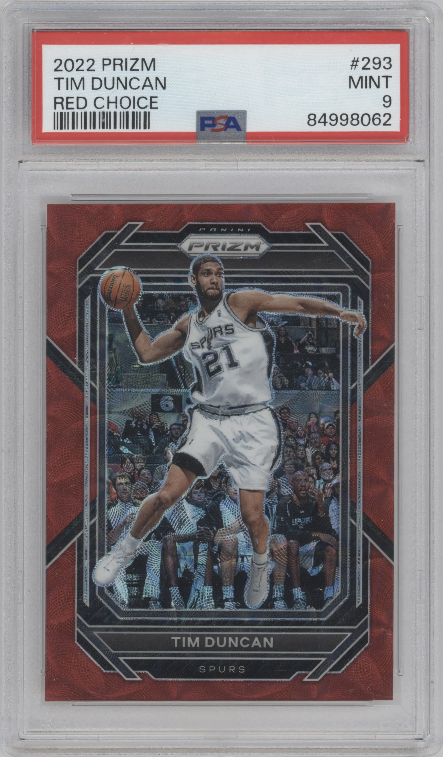 Tim Duncan from the 2022-23 Panini Prizm  set featuring a Choice Red parallel graded by PSA and given an overall grade of 9.