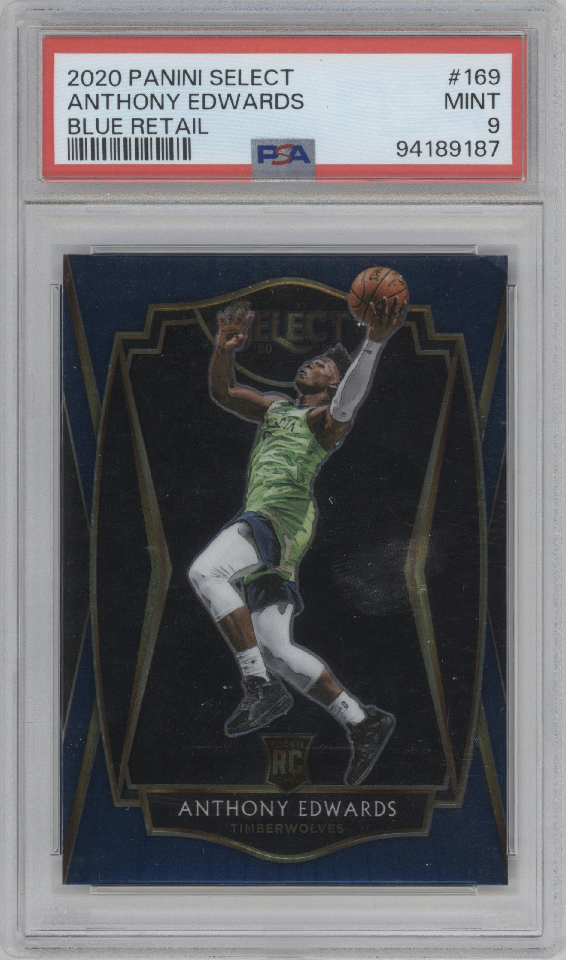 Anthony Edwards from the 2020-21 Panini Select  set featuring a Blue Retail parallel graded by PSA and given an overall grade of 9.
