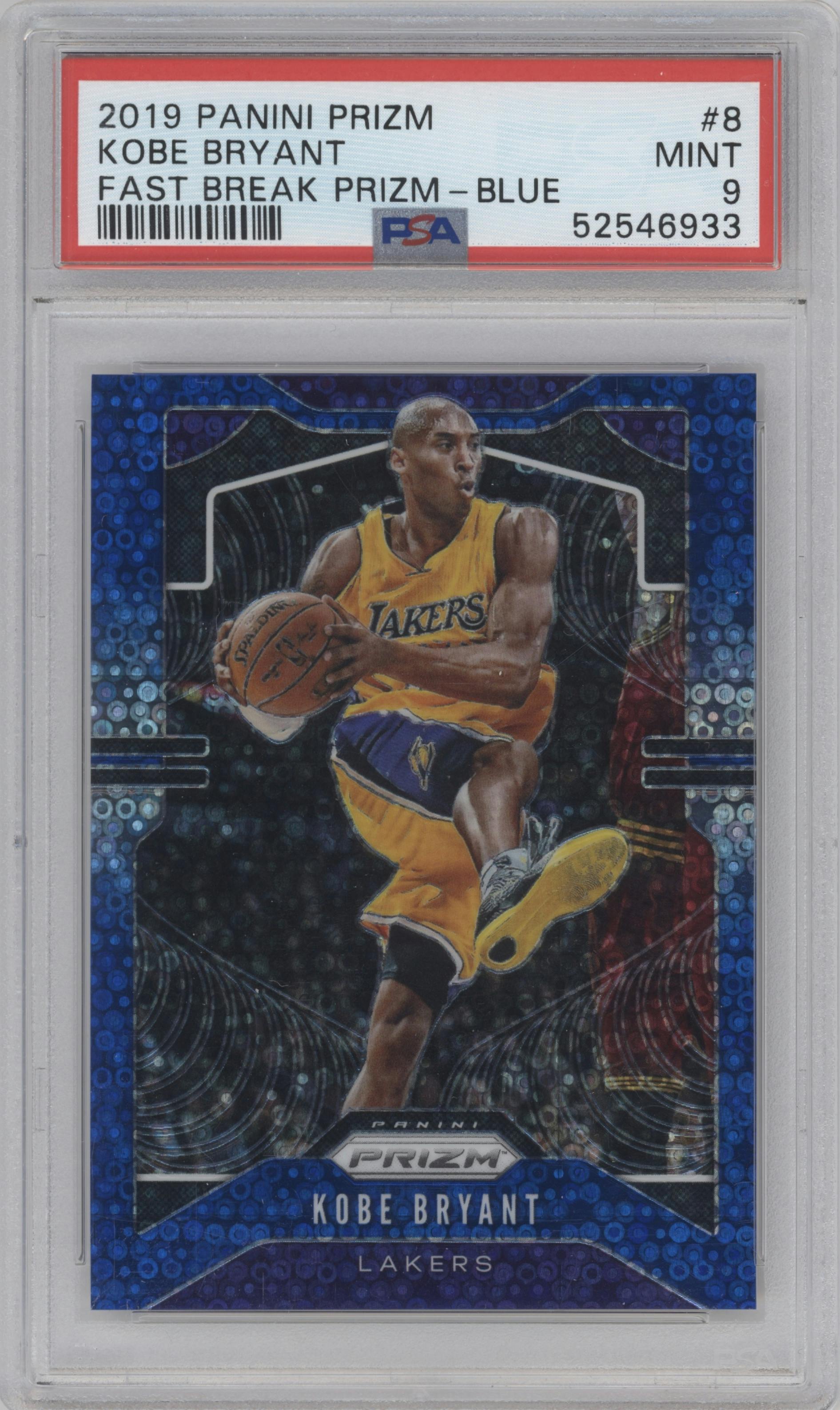 Kobe Bryant from the 2019-20 Panini Prizm set featuring a Fast Break Blue parallel graded by PSA and given an overall grade of 9.