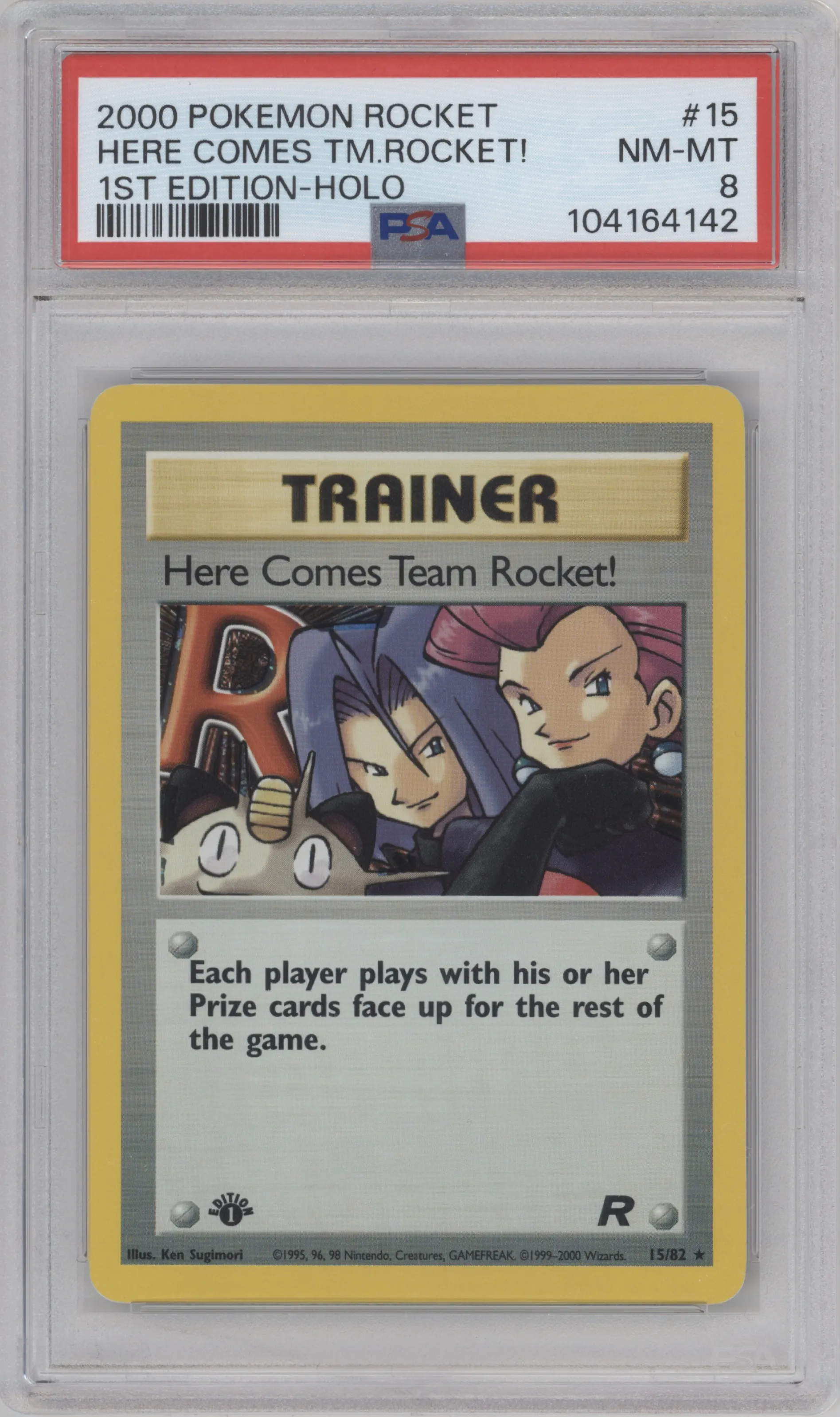 Here Comes Team Rocket! from the 2000 Pokemon set graded by PSA and given an overall grade of 8.