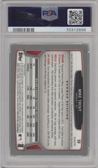 Mike Trout from the 2013 Bowman Chrome set featuring a Green Refractor parallel graded by PSA and given an overall grade of 10.