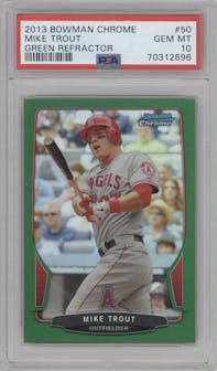 Mike Trout from the 2013 Bowman Chrome set featuring a Green Refractor parallel graded by PSA and given an overall grade of 10.