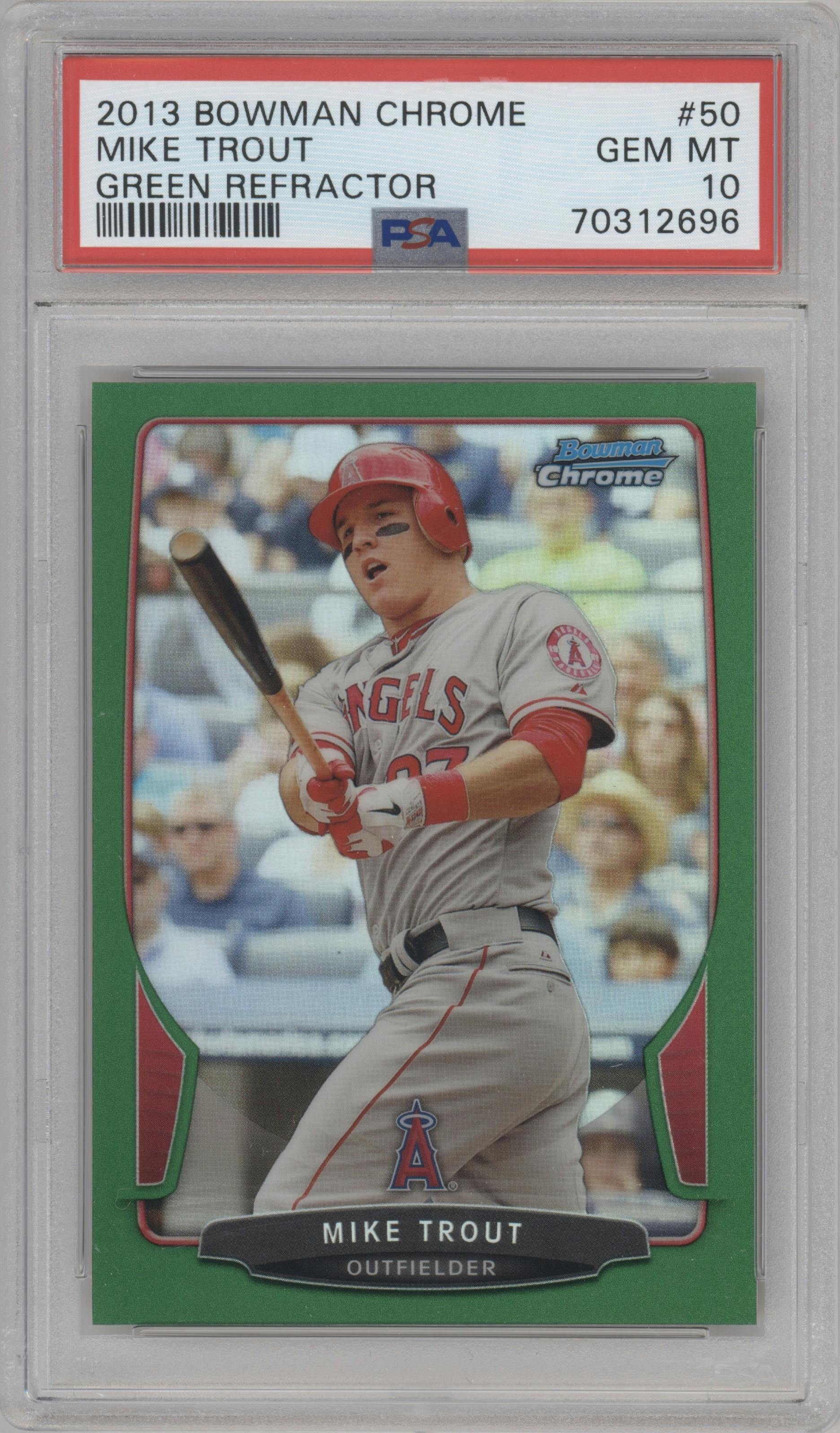 Mike Trout from the 2013 Bowman Chrome set featuring a Green Refractor parallel graded by PSA and given an overall grade of 10.
