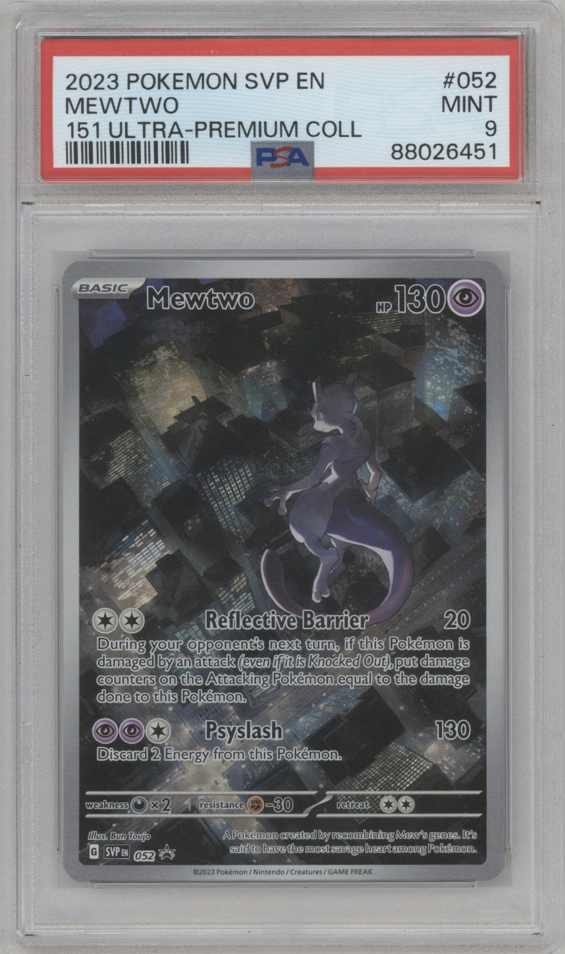 Mewtwo from the 2023 Pokemon SV set featuring a Scarlet & Violet 151 Ultra Premium Collection parallel graded by PSA and given an overall grade of 9.