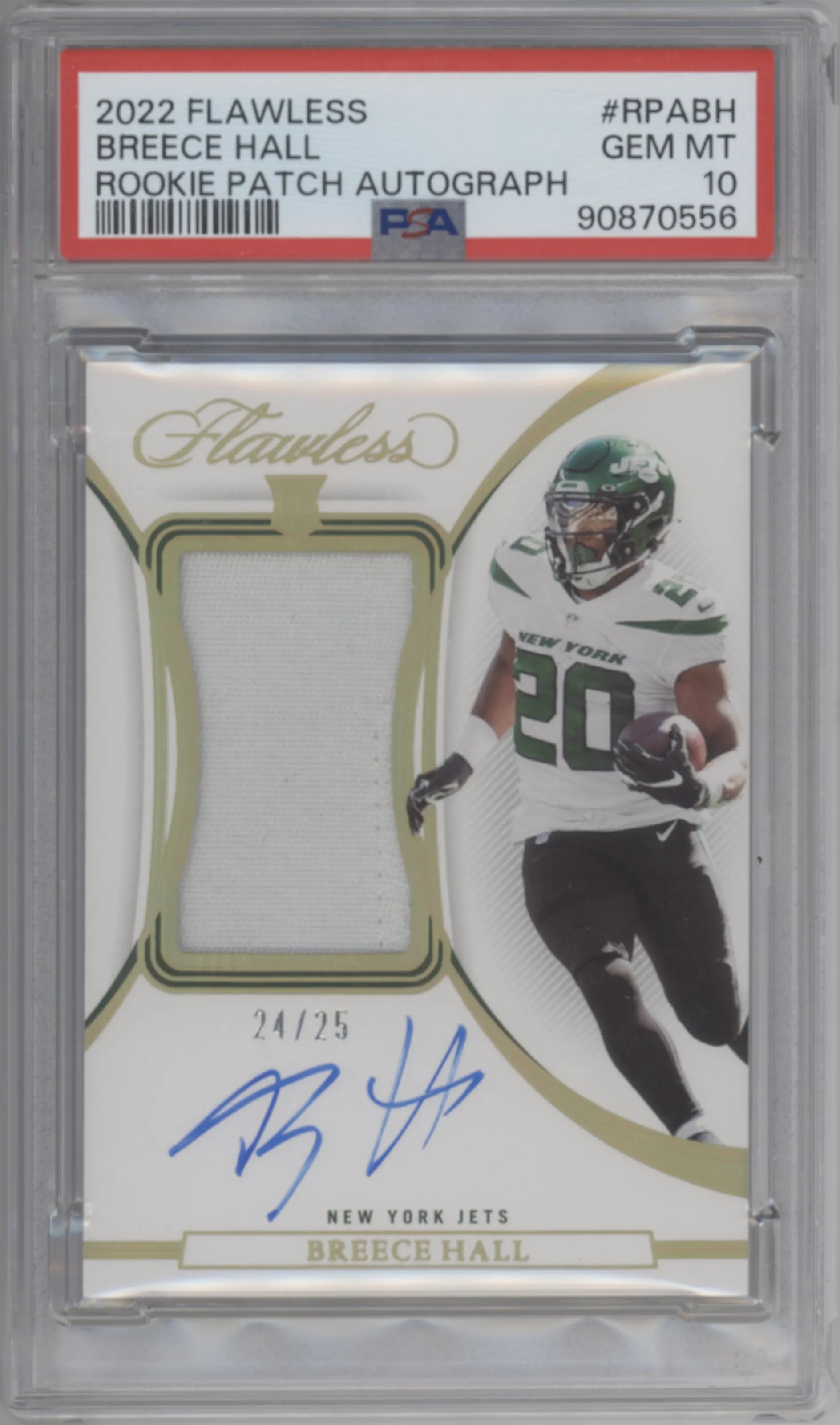 Breece Hall from the 2022 Panini Flawless set graded by PSA and given an overall grade of 10.