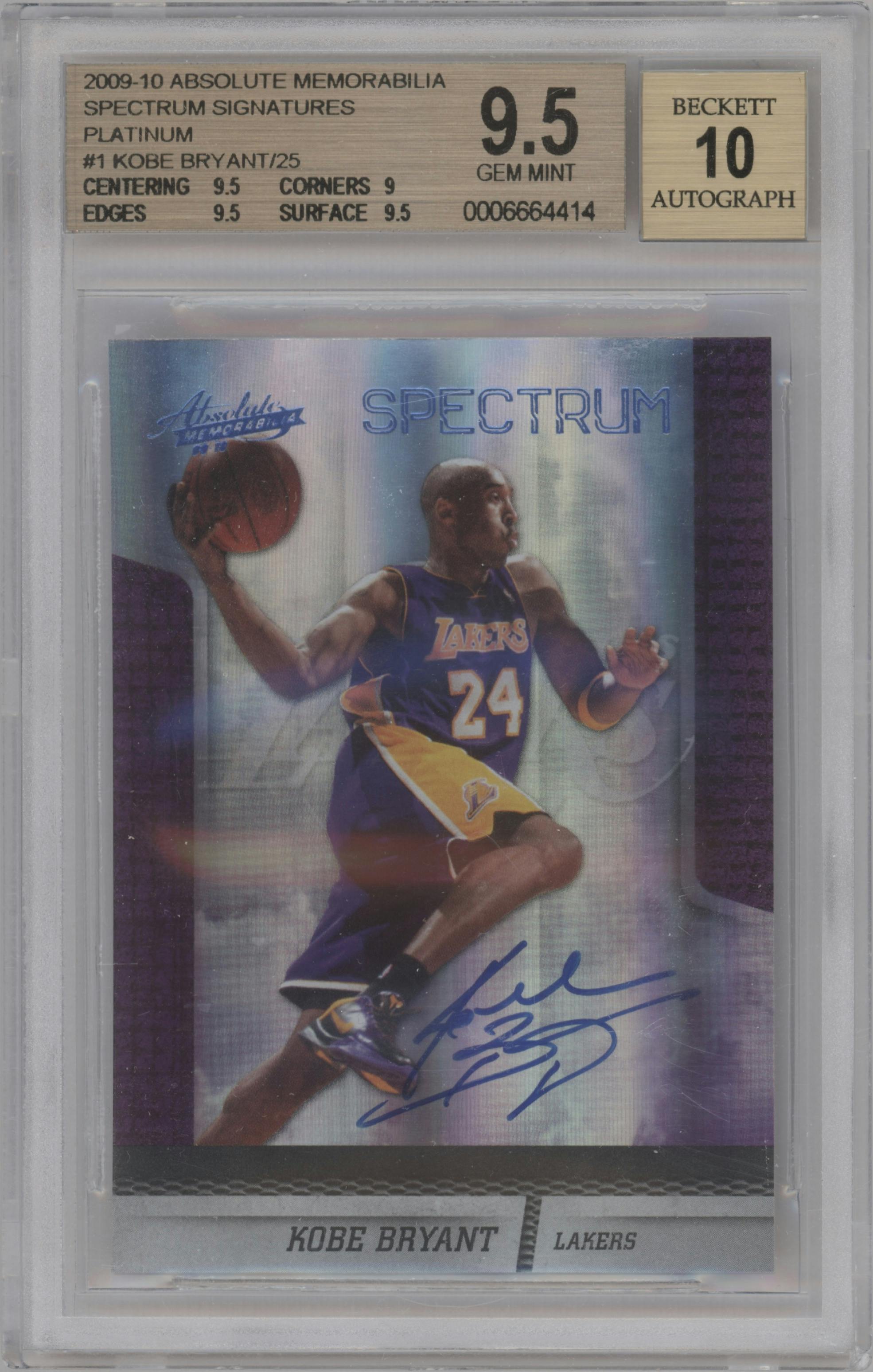 Kobe Bryant from the 2009-10 Absolute Memorabilia  set featuring a Platinum parallel graded by Beckett and given an overall grade of 9.5.