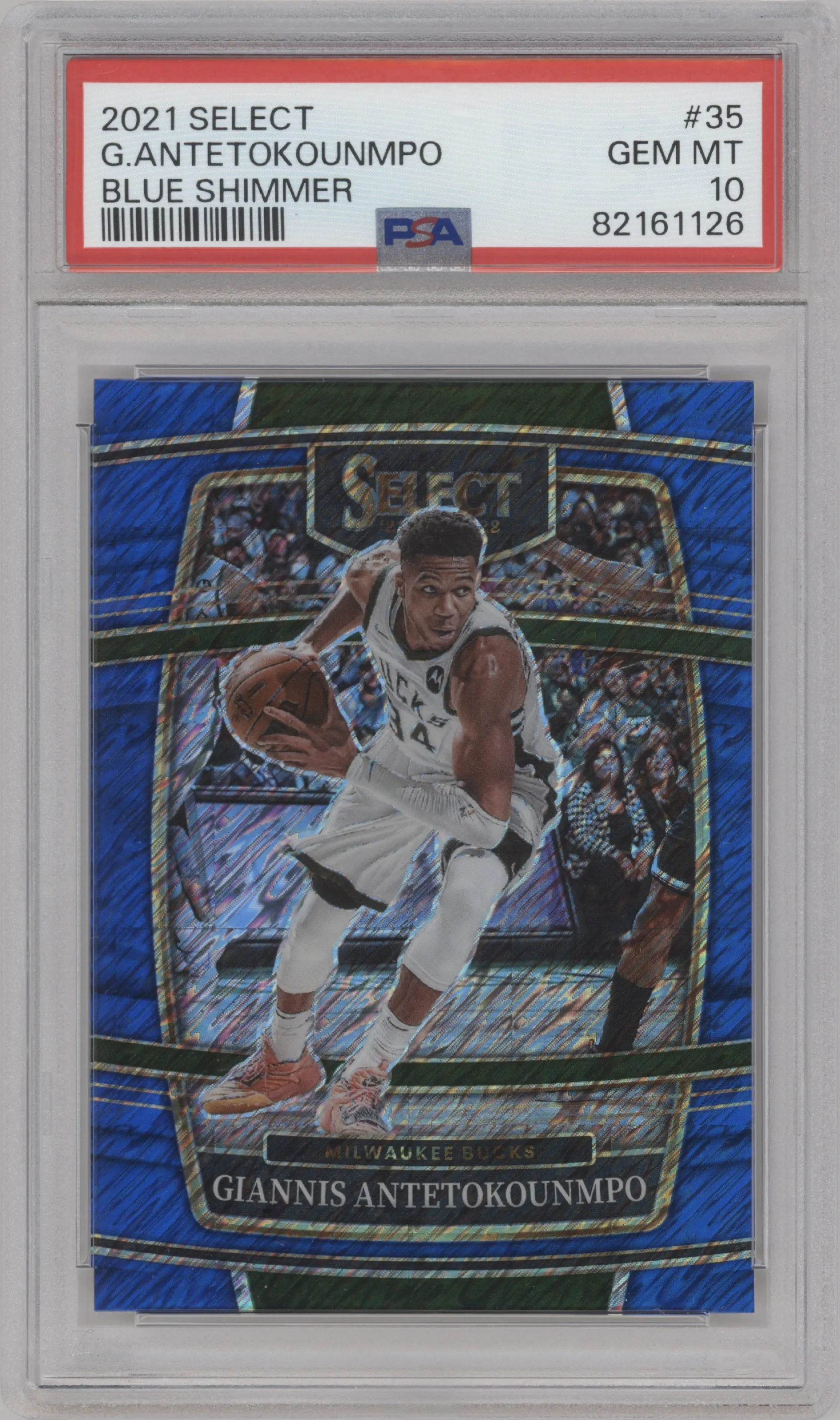 Giannis Antetokounmpo from the 2021-22 Panini Select set featuring a Blue Shimmer
 parallel graded by PSA and given an overall grade of 10.