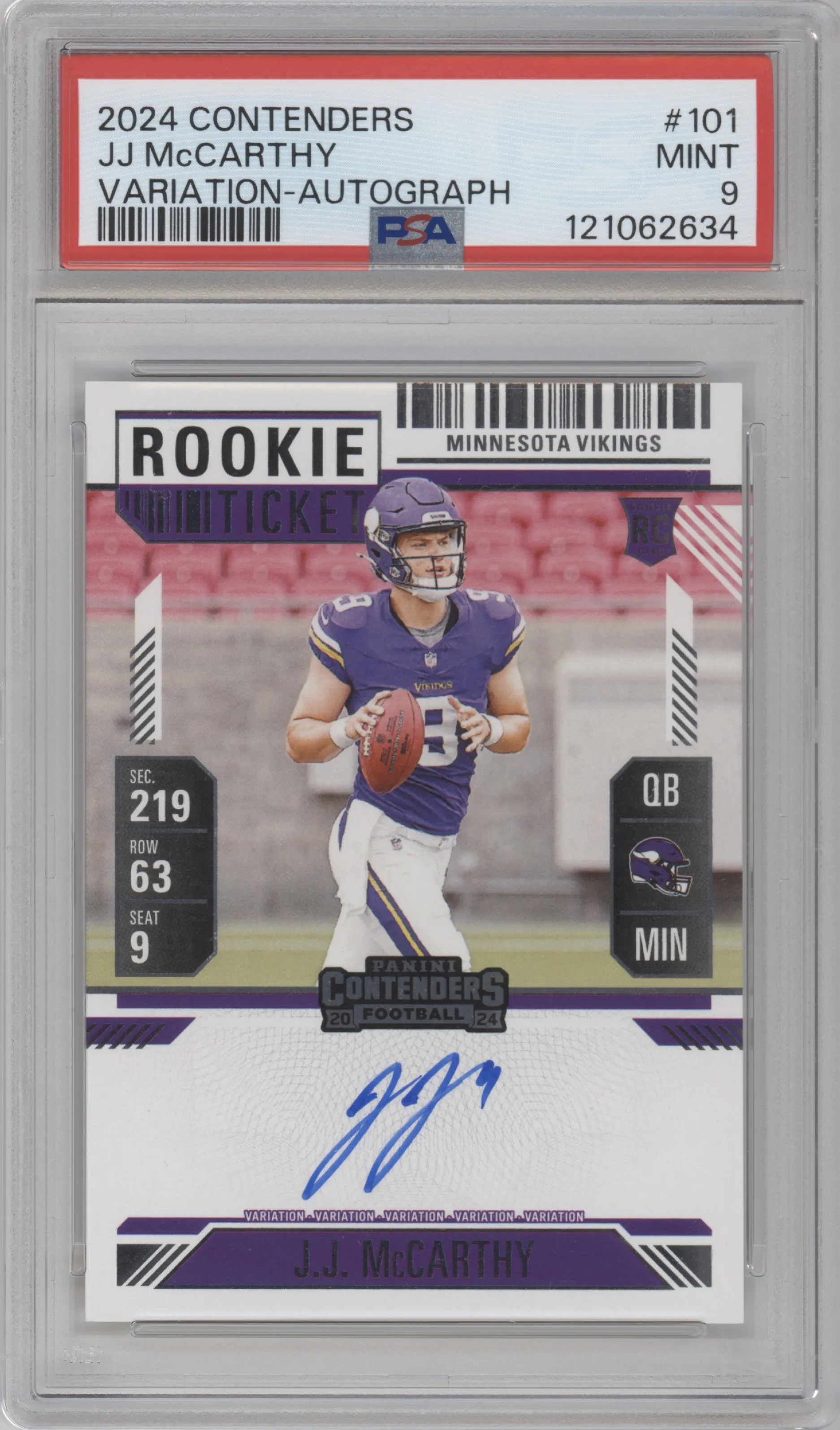 J.J. McCarthy from the 2024 Panini Contenders set graded by PSA and given an overall grade of 9.