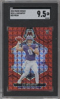 J.J. McCarthy from the 2024 Panini Mosaic set featuring a Red Mosaic parallel graded by SGC and given an overall grade of 9.5.