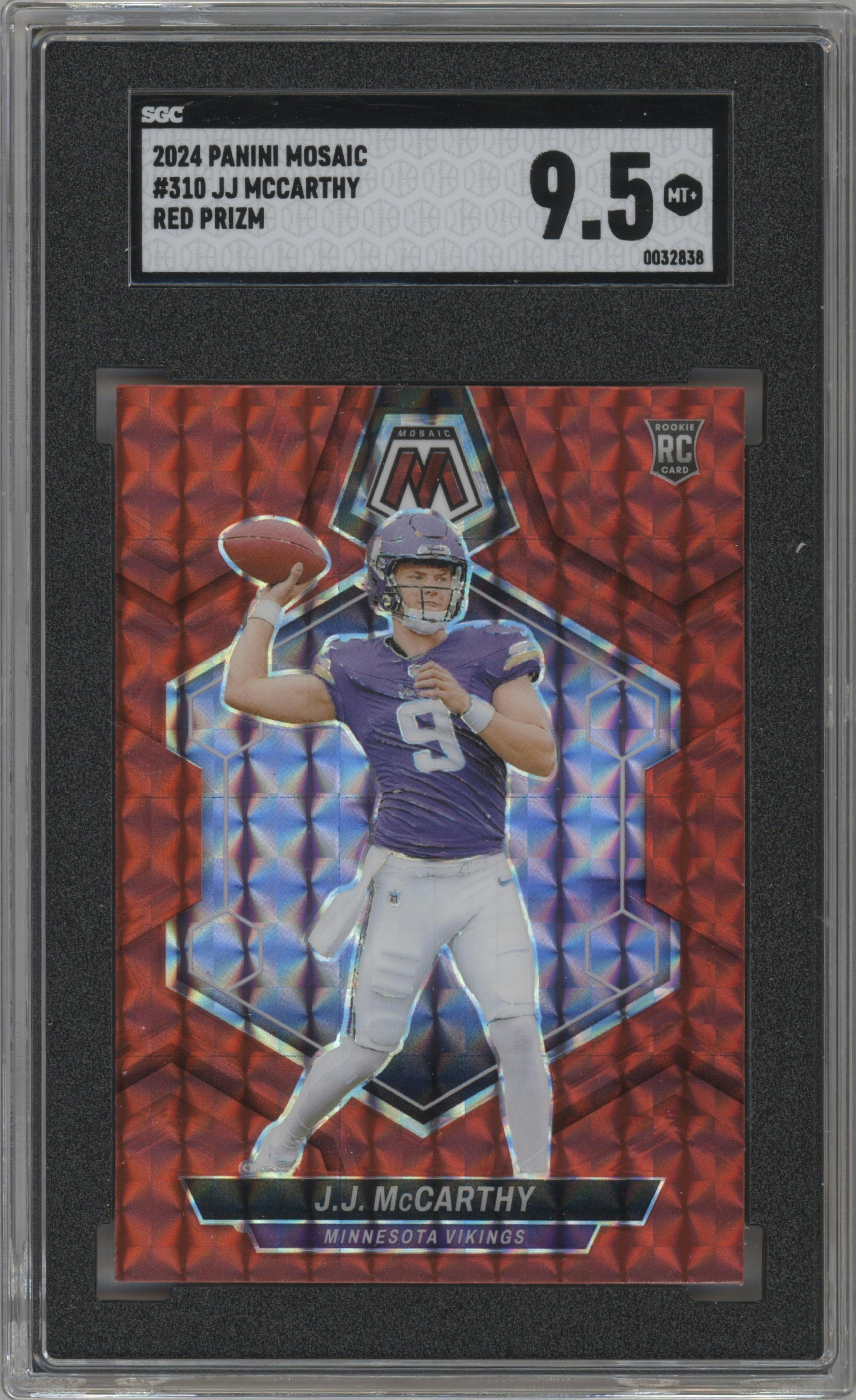 J.J. McCarthy from the 2024 Panini Mosaic set featuring a Red Mosaic parallel graded by SGC and given an overall grade of 9.5.