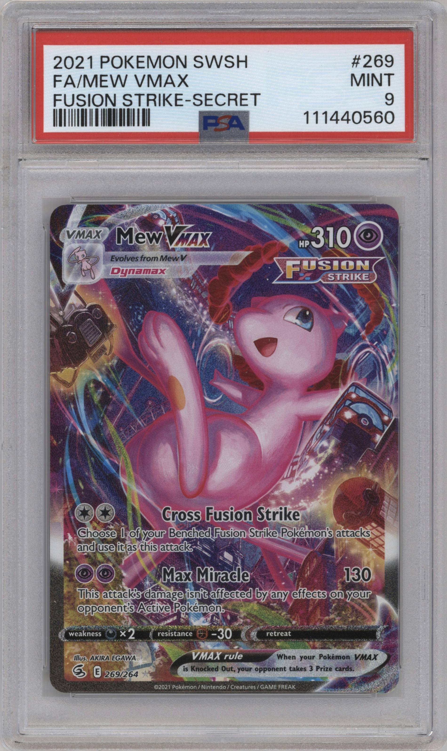 Mew VMAX from the 2021 Pokemon SWSH set graded by PSA and given an overall grade of 9.